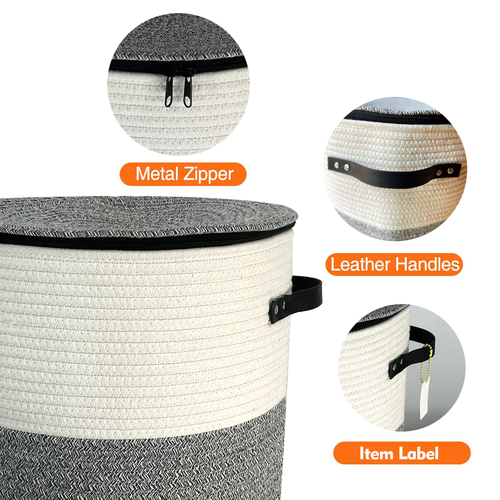 Wayideal Cotton Rope Storage Basket With Zipper Cover & Woven Baskets With Lid For Books, Blankets, Hats, Jackets,Multi-Purpose