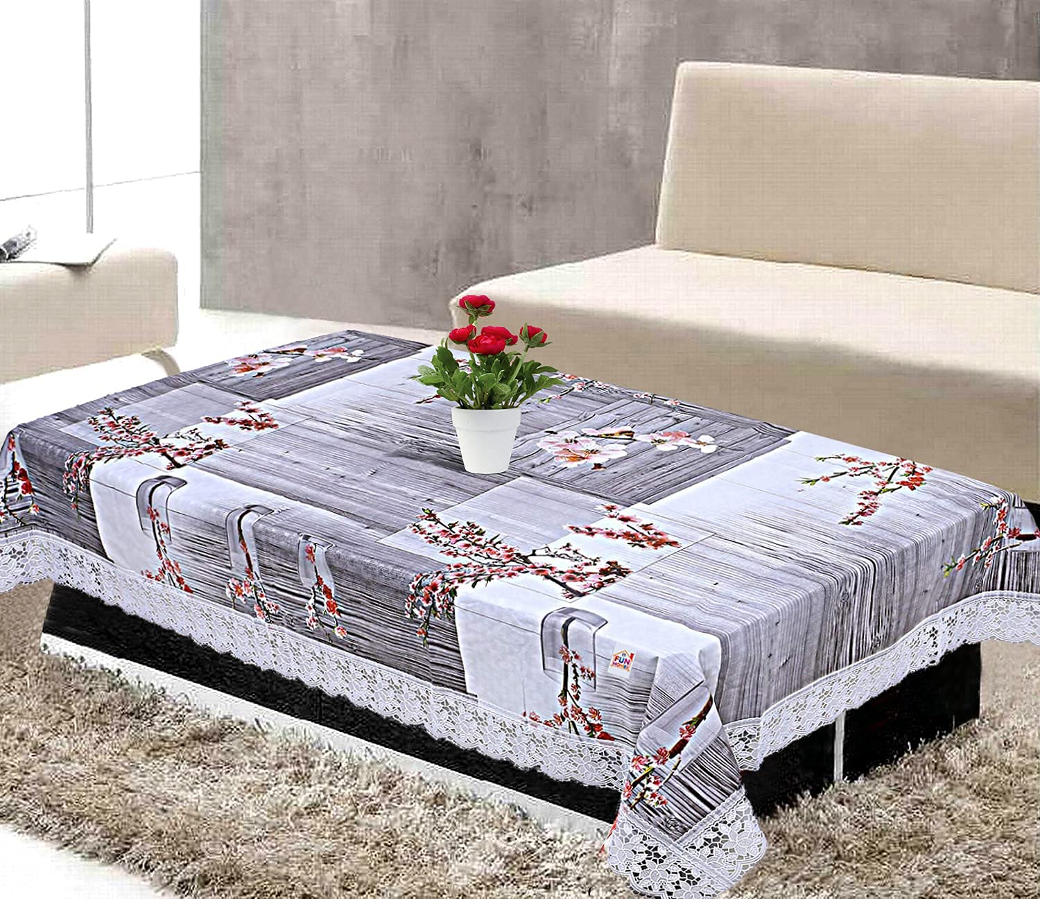 Kuber Industries Floral Checkered Design Pvc 4 Seater Centre Table Cover (Grey) -Ctktc014355