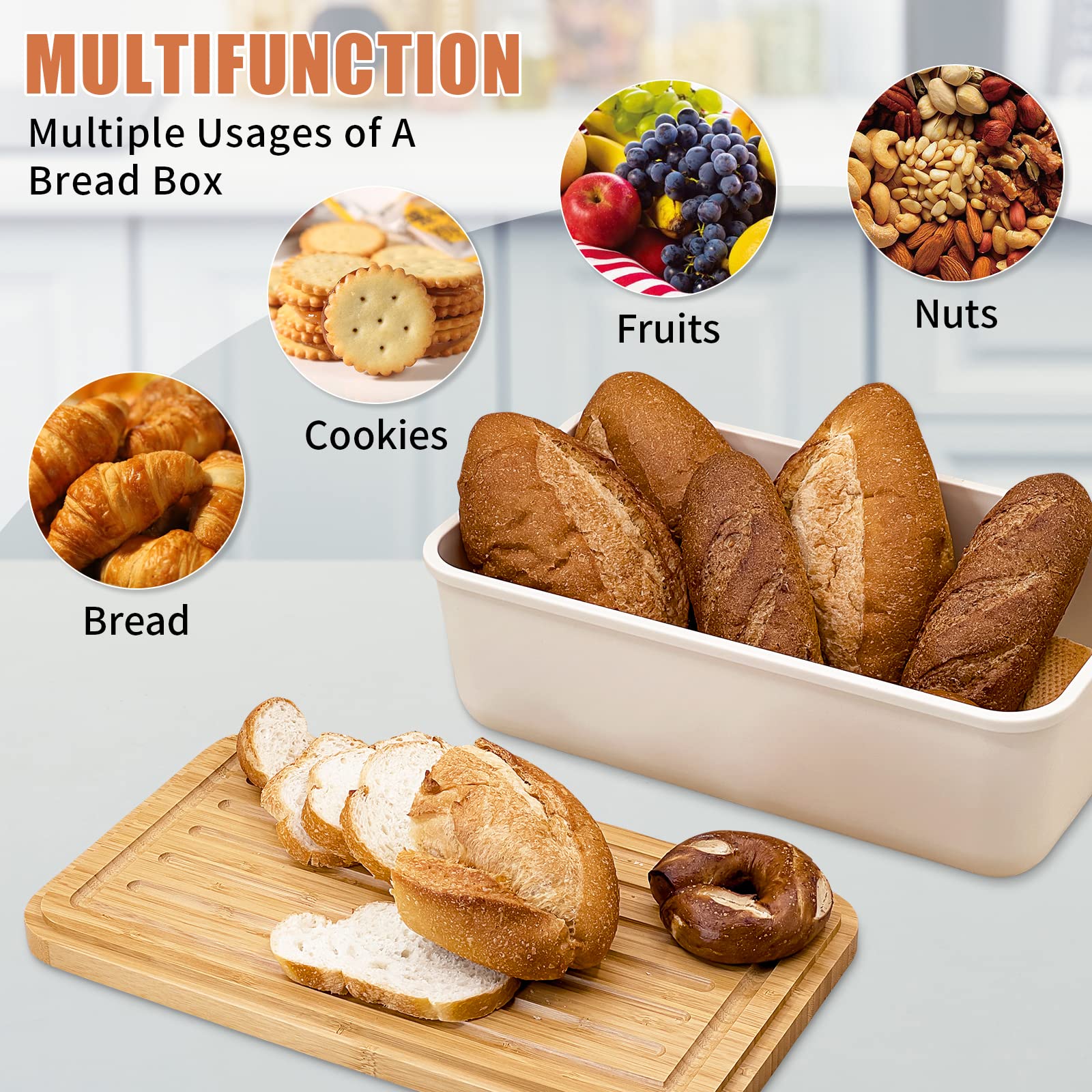 Triiter Bread Box With Bamboo Wood Cutting Board Lid & Bread Slicer Holder, Rectangular Cream Color Bread Container For Kitchen