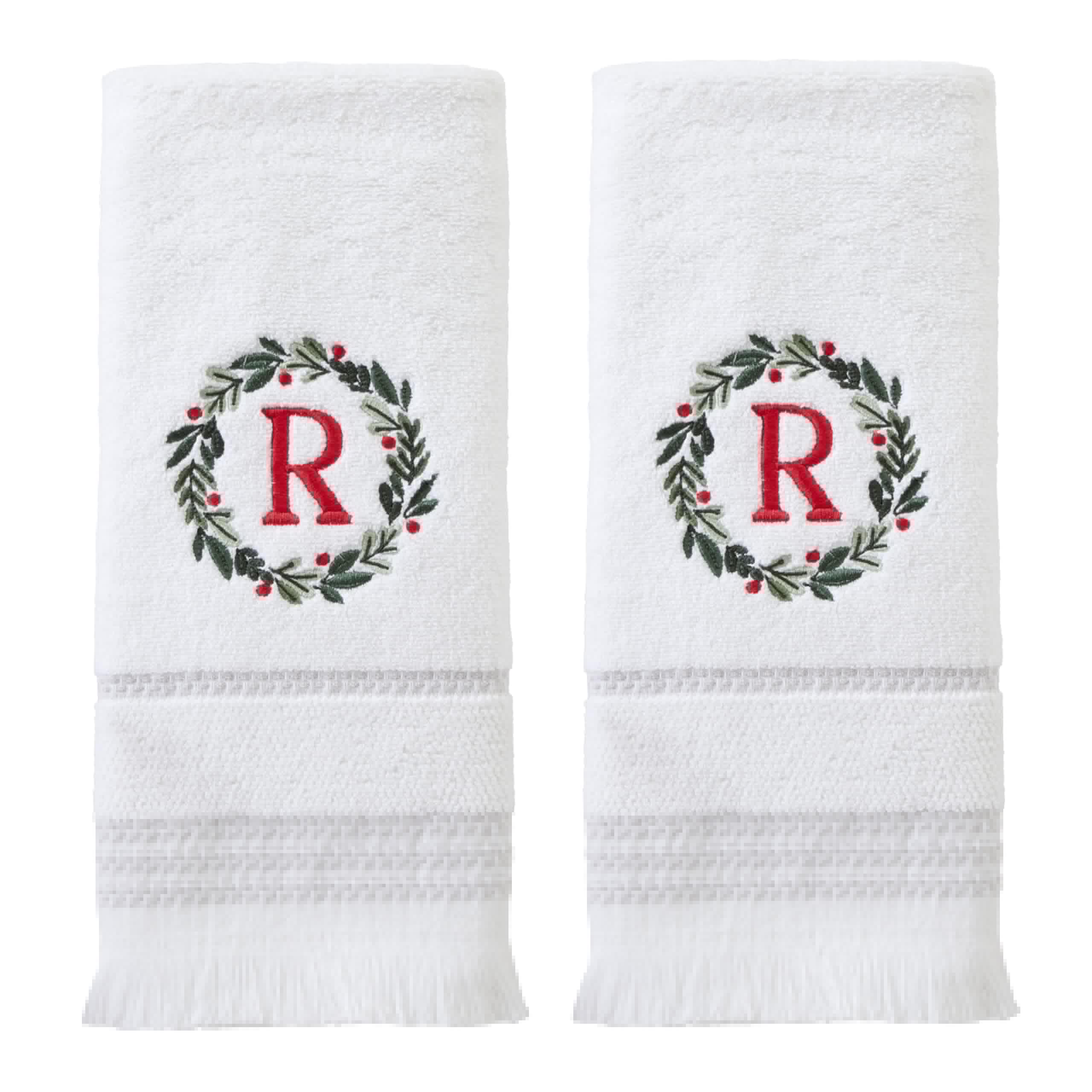 SKL Home Christmas/Winter Wreath Monogram Hand Towel R 2pc Set for Bath/Kitchen/Bar & Gift, White