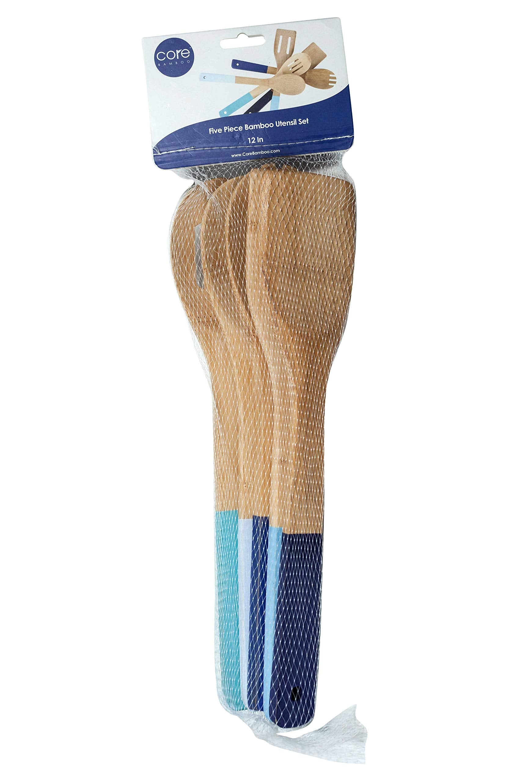 Core Bamboo 5 Piece Bamboo Kitchen Utensil Set - Includes Spoon, Slotted Spoon, Spork, Spatula And Solid Turner - Assorted Blue