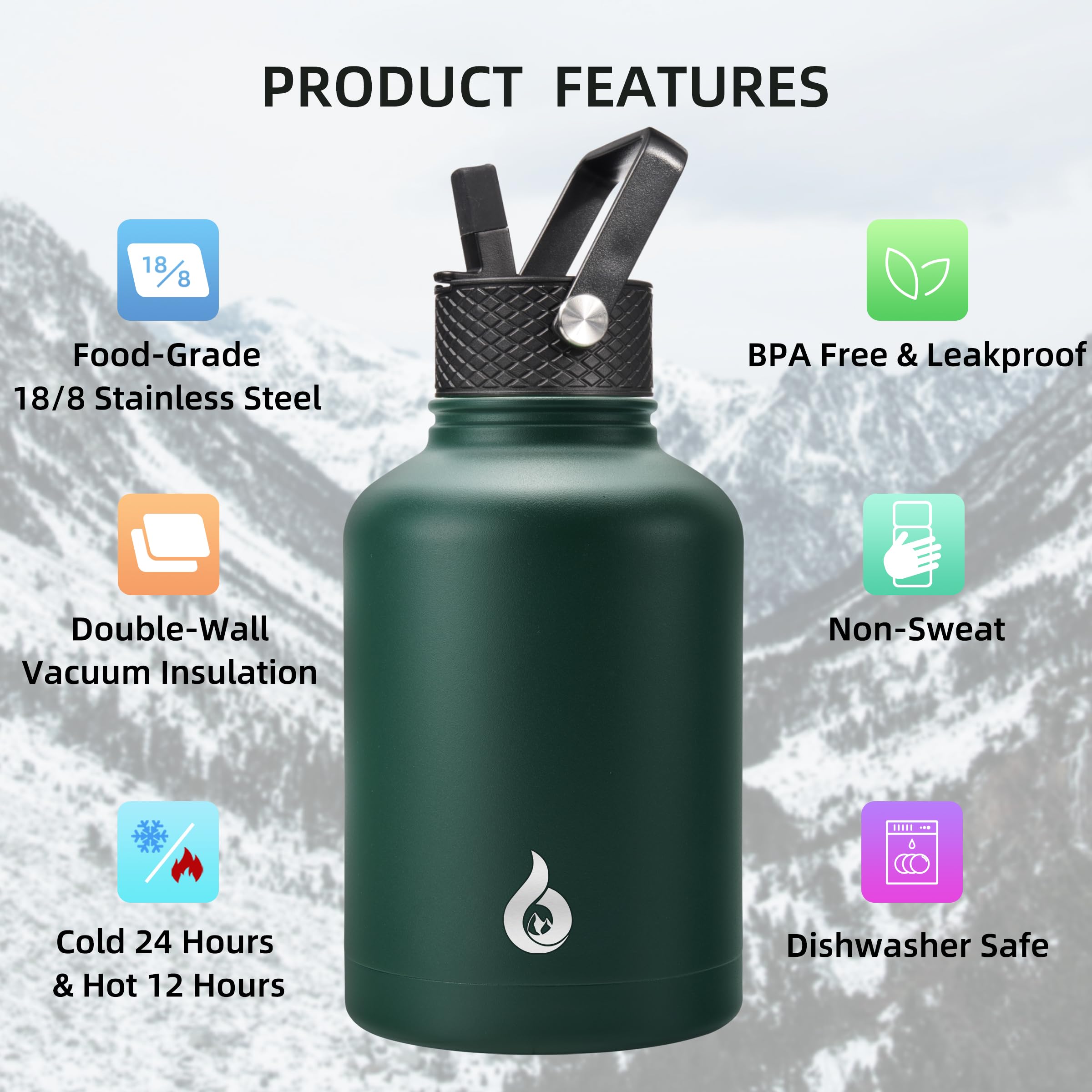 Bjpkpk Insulated Water Bottles With Straw Lid,50Oz Large Bottle,Stainless Steel Vacuum Bottle,Hot & Cold 3 Lids And Paracord Han