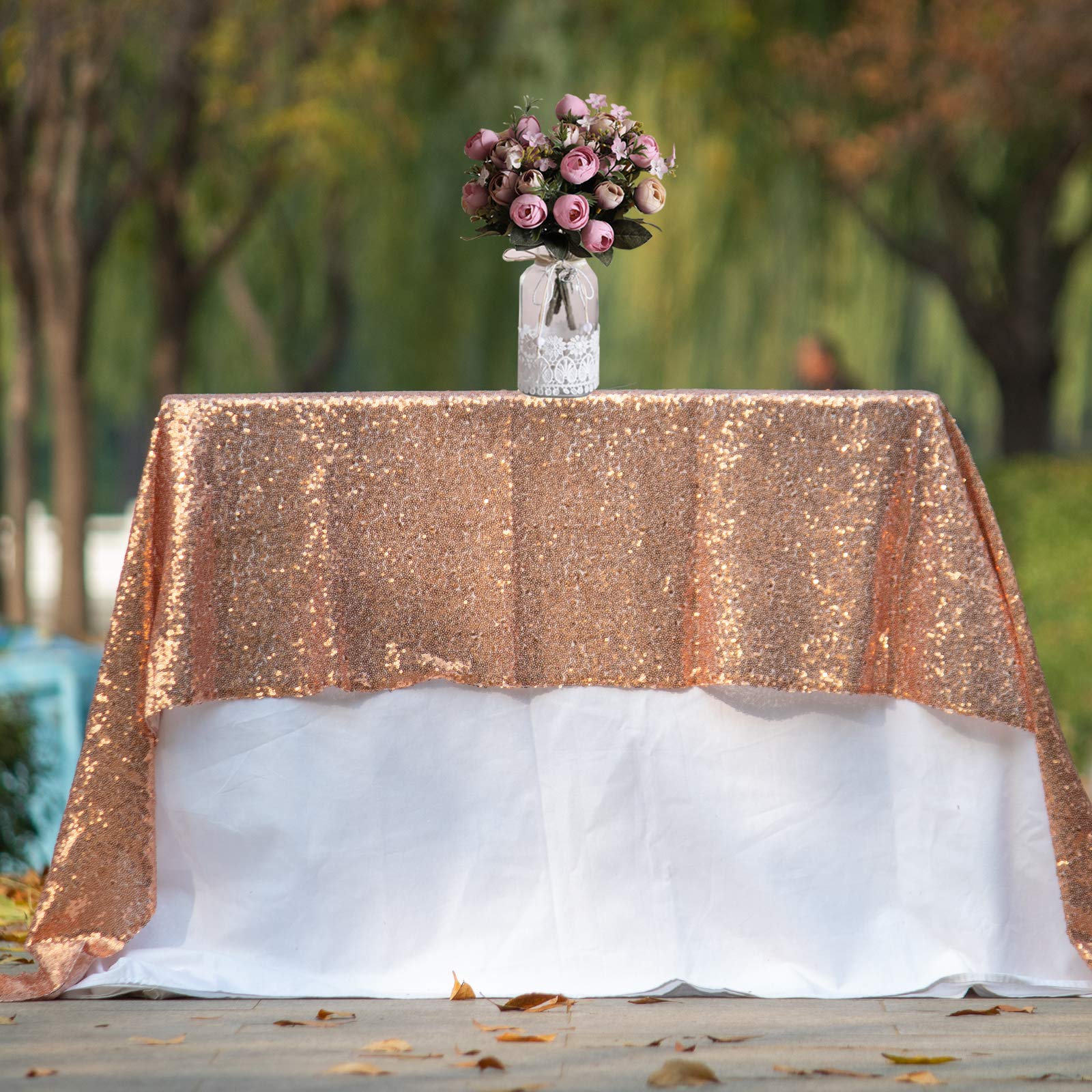 Jyflzq Rose Gold Sequin Tablecloth 50 X 80 Rose Gold Glitter Table Cloths Rectangular Sparkly Table Cover Overlay For Wedding Bi