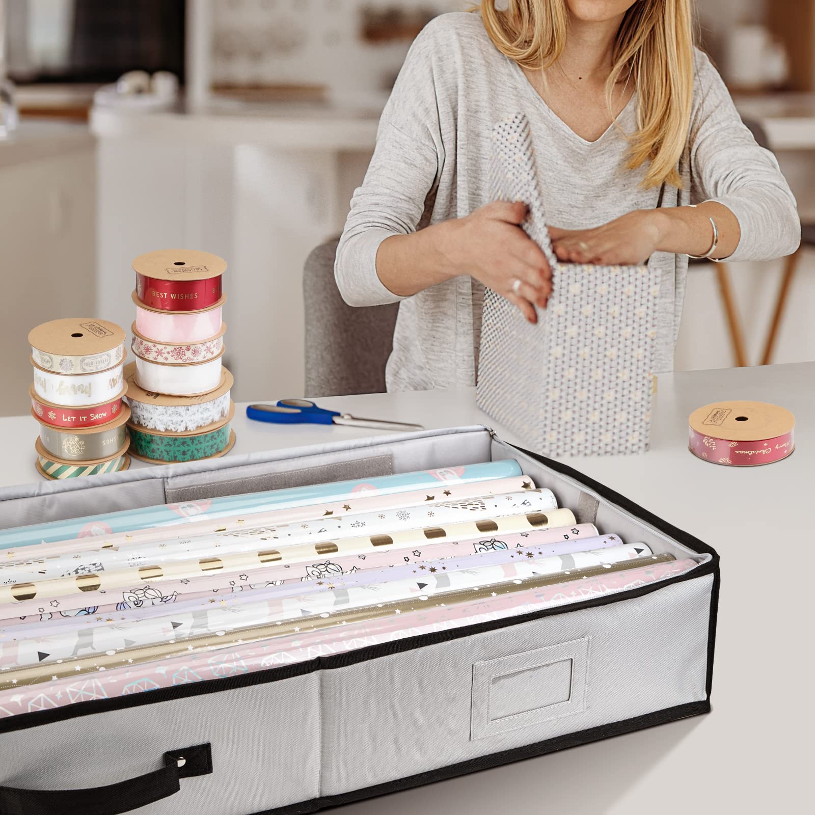 Baleine Christmas Wrapping Paper Storage Organizer With Flexible Partitions And Pockets, 40'' Durable 600D Oxford Fabric Gift Wr