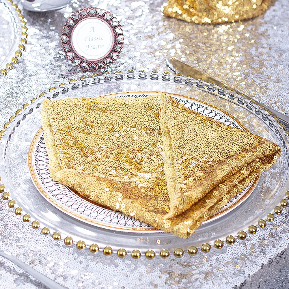 Eternal Beauty Gold Sequin Cloth Napkins 12''X12''- Pack 12 For Parties, Wedding,Birthday Dinner Decoration