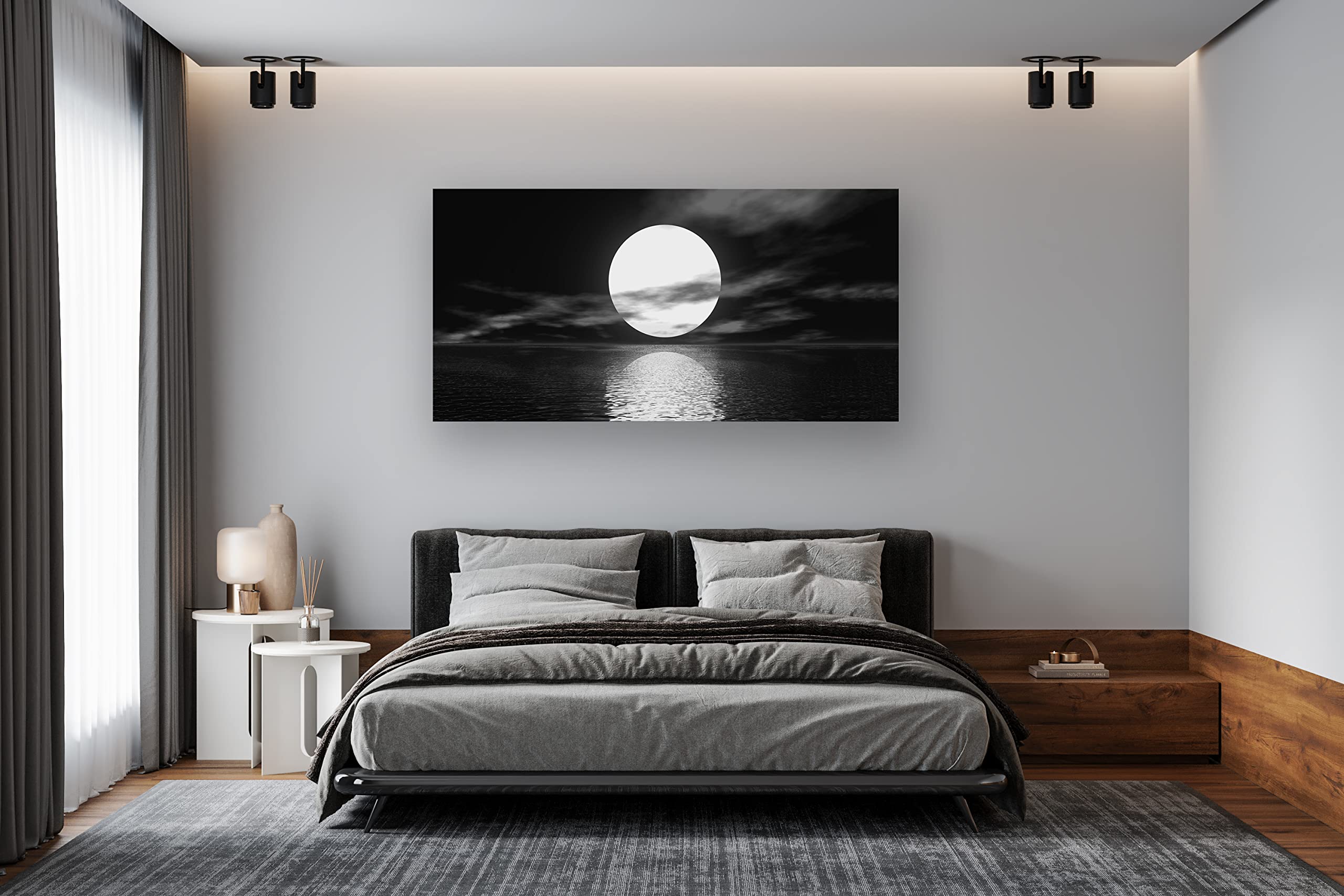 Cao Gen Decor Art S06450 Wall Art Canvas Sea White Full Moon in Night Picture Canvas Poster Print Black and White Ocean for Living Room Bedroom Kitchen Home Decorations Framed Artwork
