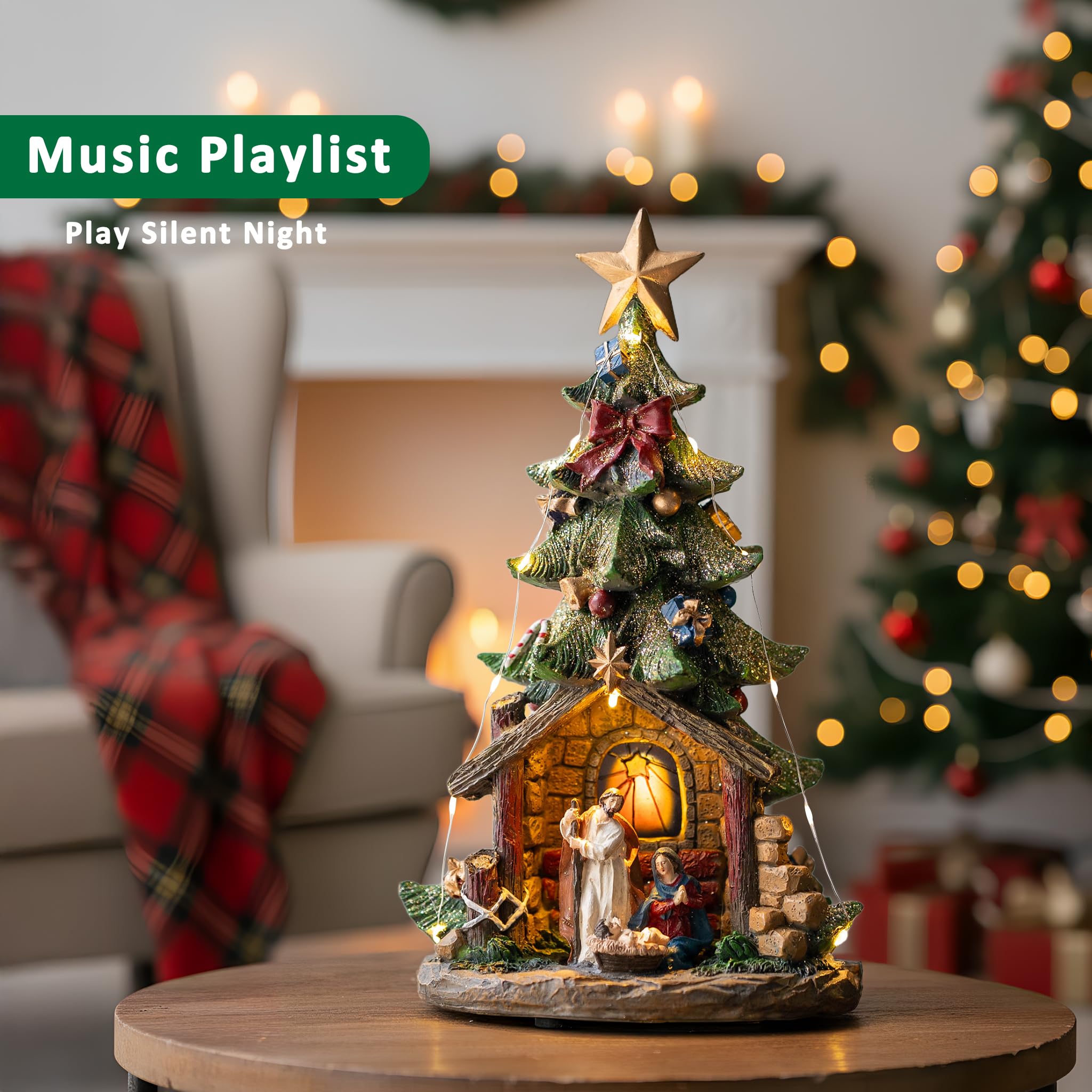 VISFLAIR 12'' Christmas Tree Lighted Manger Nativity Scene, Musical Holy Family Figurines LED Light Play Silent Night Music, Bat