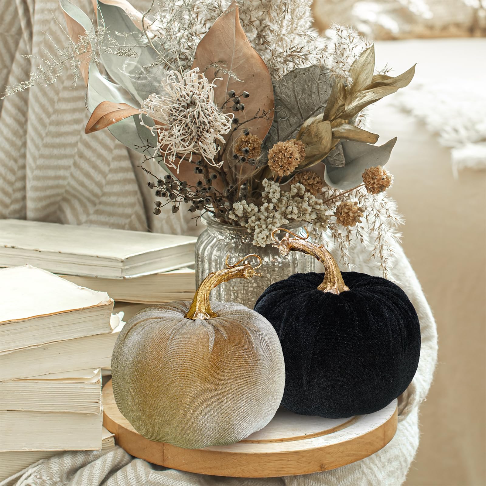 Winlyn 4 Pcs Assorted Faux Velvet Pumpkins Decorative Fabric Pumpkins Foam Pumpkins in White Black Gray Taupe 5  for Thanksgivin
