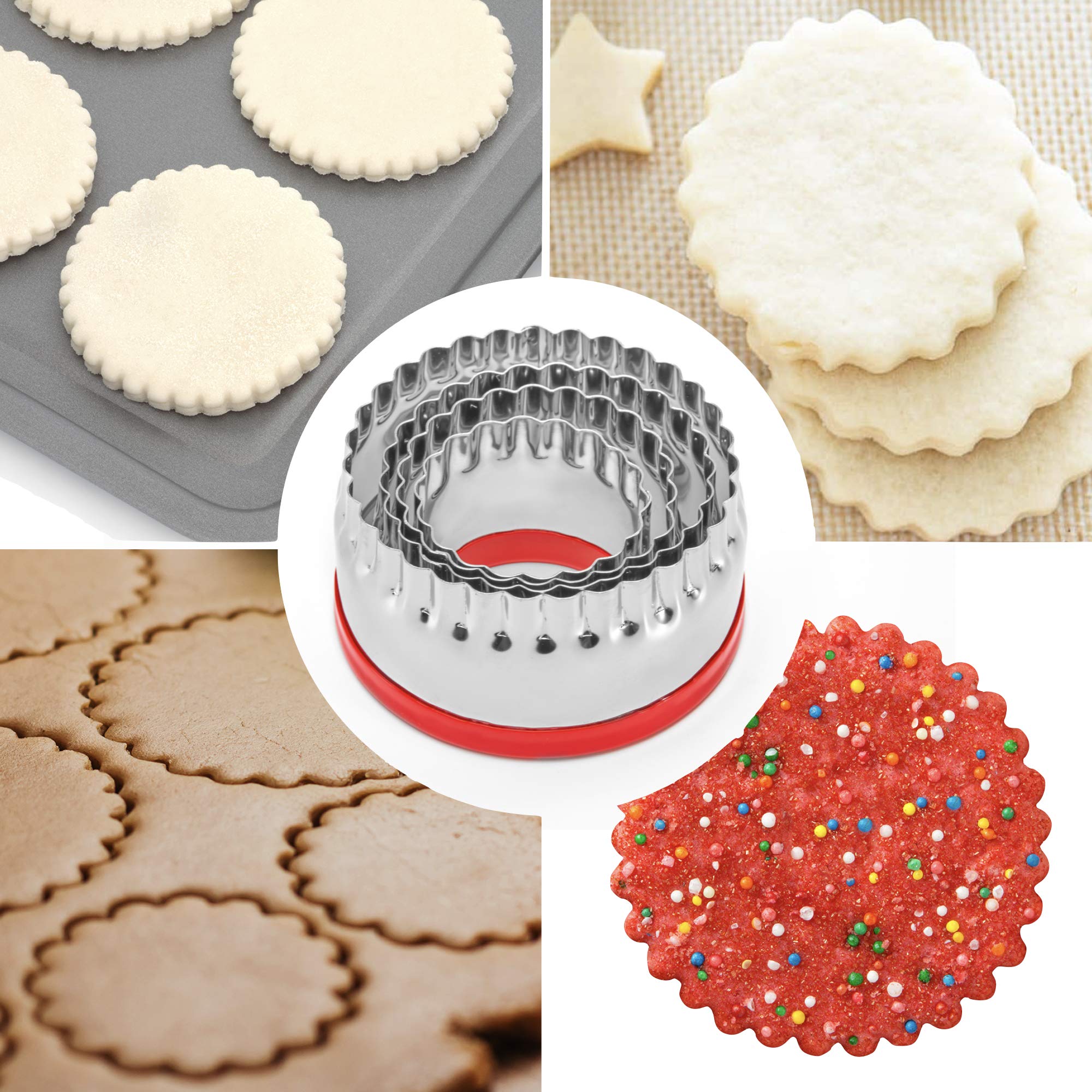 Cookieque 4-Pieces Fluted Round Cookie Cutters, Metal Circle Biscuit Cutters Set, Wave Cookies Cutter With Fluted Edge, Unique D