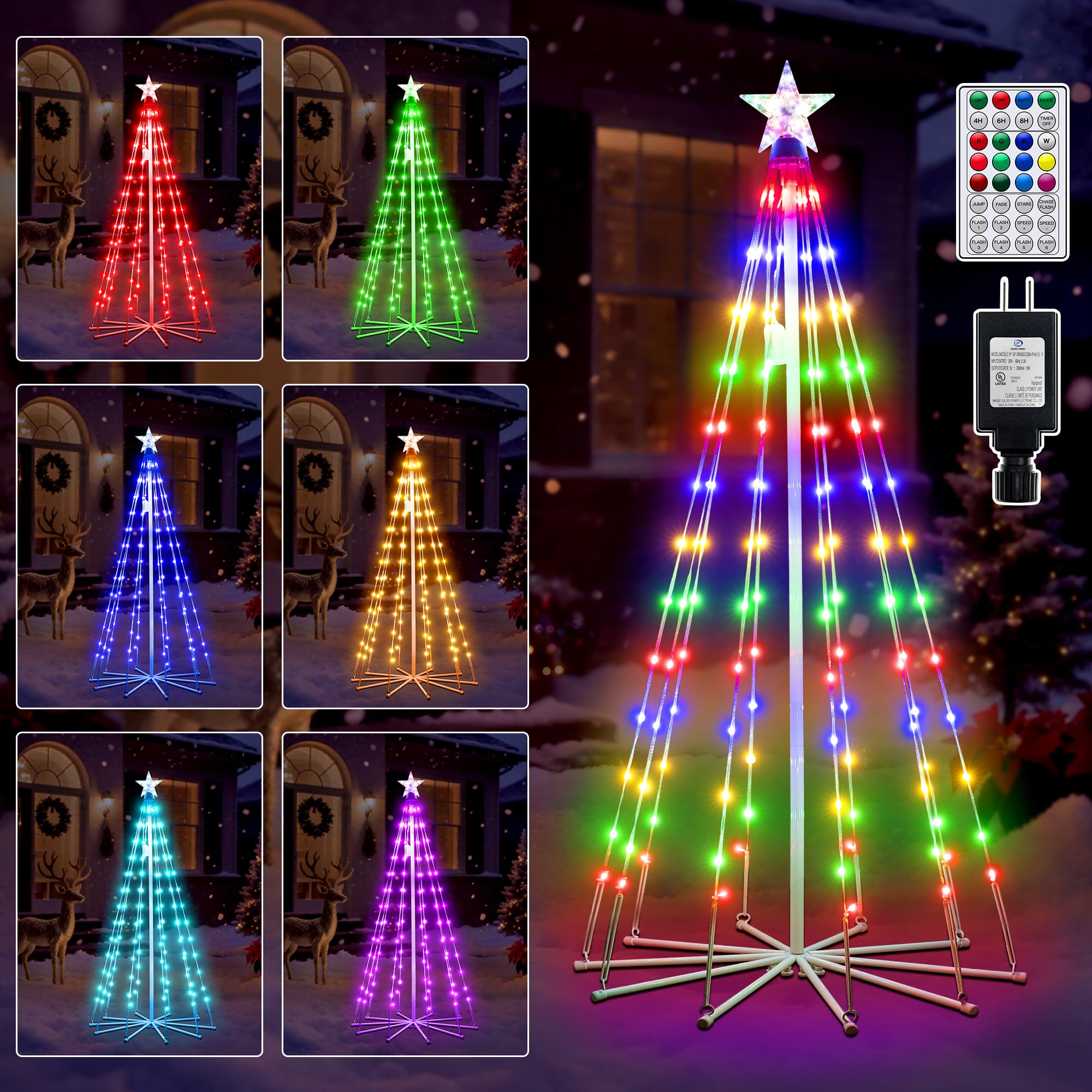 Ollny Christmas Tree Lights 5FT 140 LED, RGB 34 Modes Color Changing Outdoor String Light with Plug in Remote, Waterproof Star L
