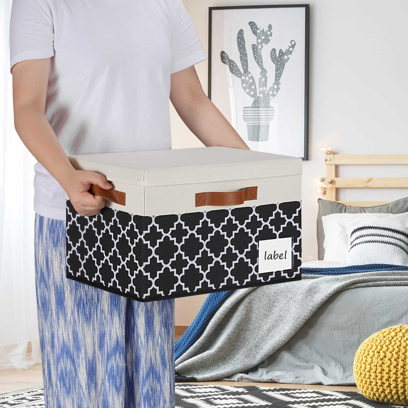 PFFVRP Large Storage Bins with Lids 6-Pack  Foldable Fabric Storage Baskets with Lids 6-Pack  Sturdy Storage Boxes with Labels and 3 PU Handles for Closet Home Bedroom Office (26L  Black Plaid&White)