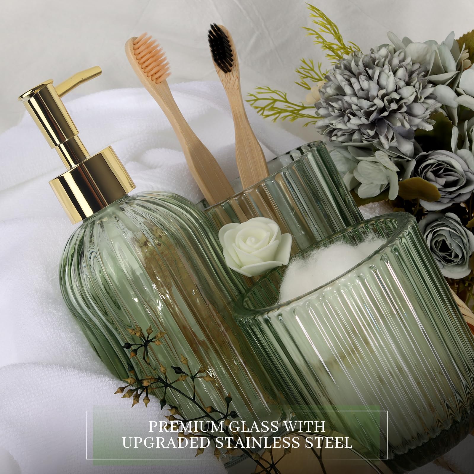Designer Green Glass Bathroom Accessories Sets - 4 Pcs With Lotion Soap Dispenser, Bathroom Toothbrush Holder, Vanity Tray, And