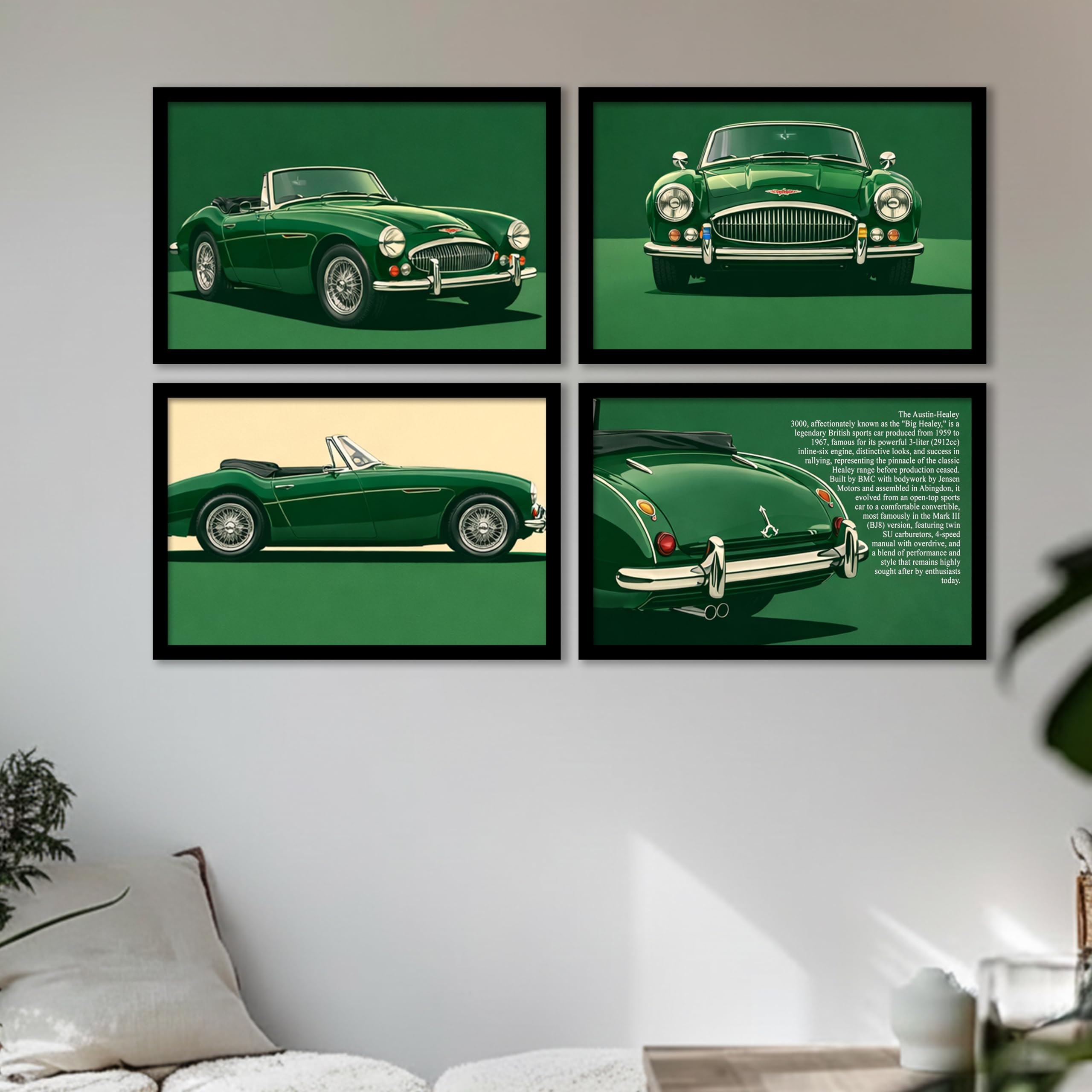 Austin-Healey 3000 Framed Wall Art Set Painting Of 4 | Classic British Sports Car Illustration Prints For Living Room, Office & 