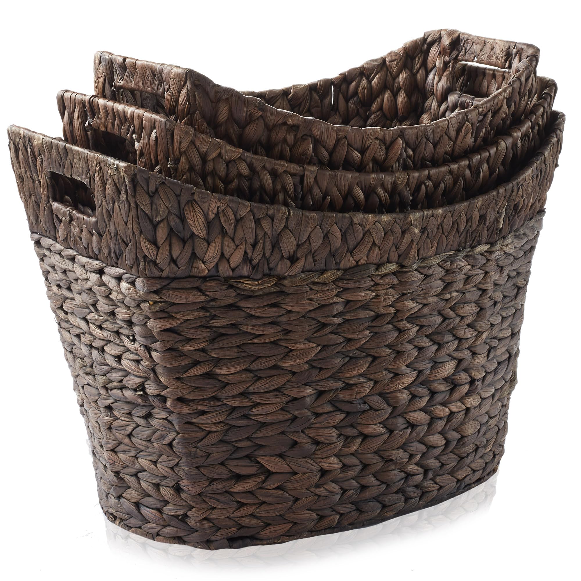 Casafield Set Of 3 Stackable Oval Laundry Baskets With Handles - Espresso, Woven Water Hyacinth Storage Totes For Throw Blankets
