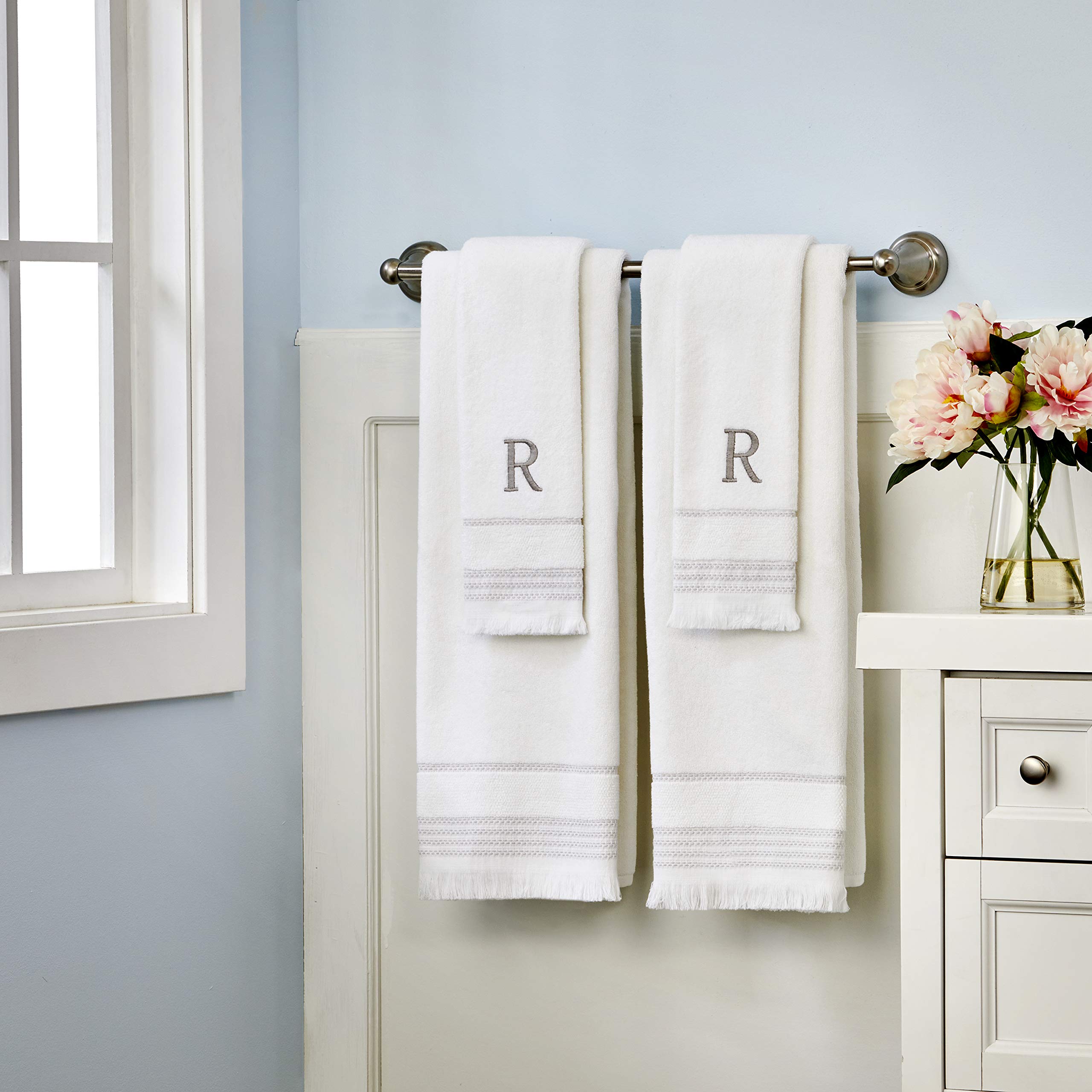 Skl Home Casual Monogram Hand Towel Set, L, 16X26, White 2 Count