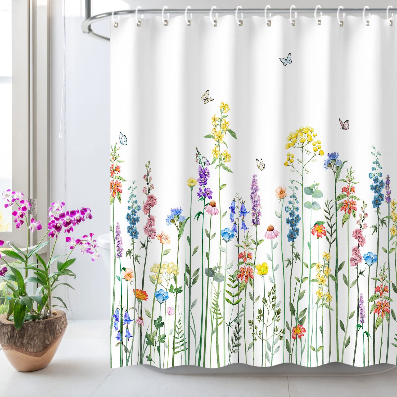 Livilan Floral Shower Curtain For Bathroom Flower Shower Curtain Watercolor Shower Curtain Colorful Butterfly Flowered Plant Wil