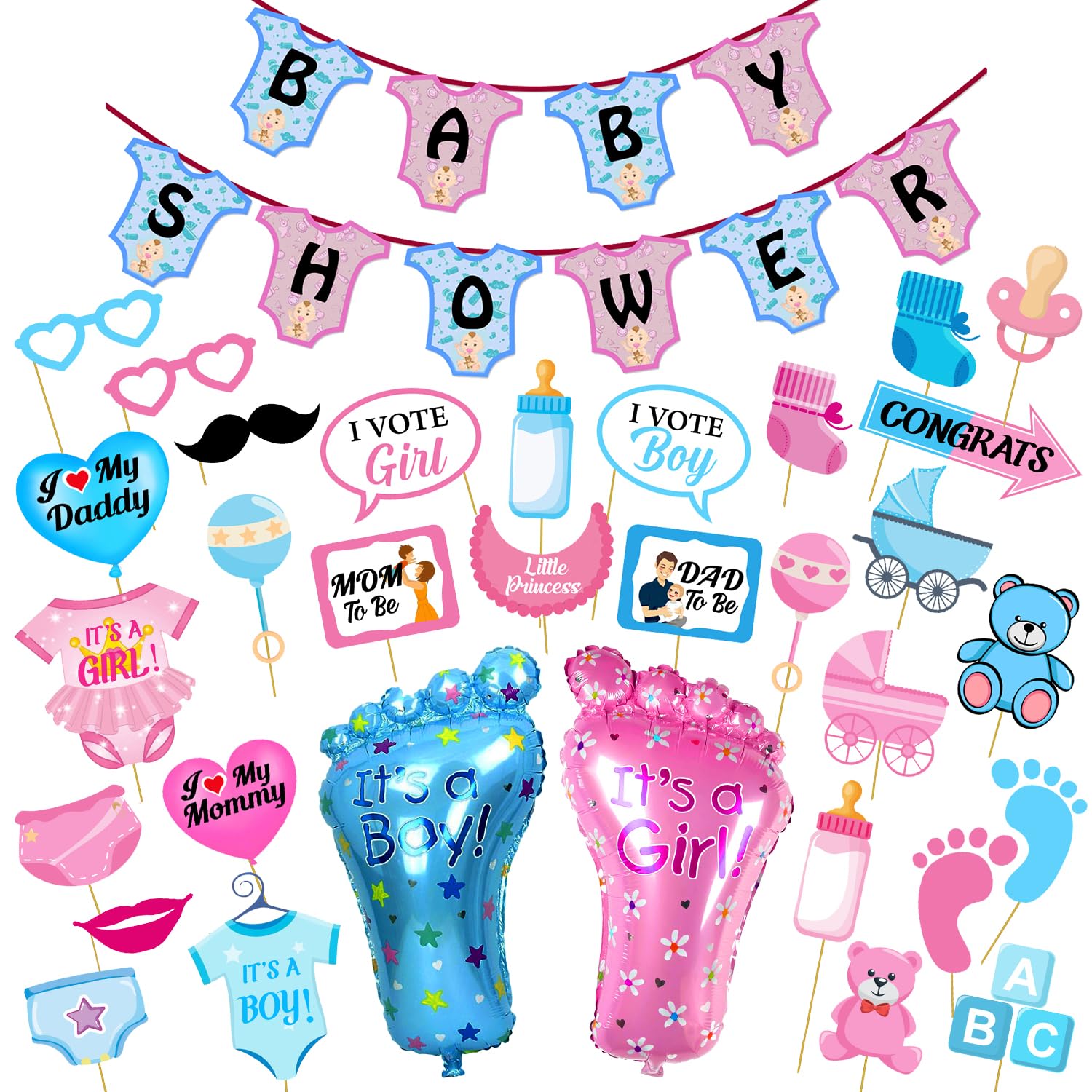Zyozique Baby Shower Party Supplies Included Baby Shower Letter TShirt Paper Banner , Photo Booth Props And Foil Balloons for Ba