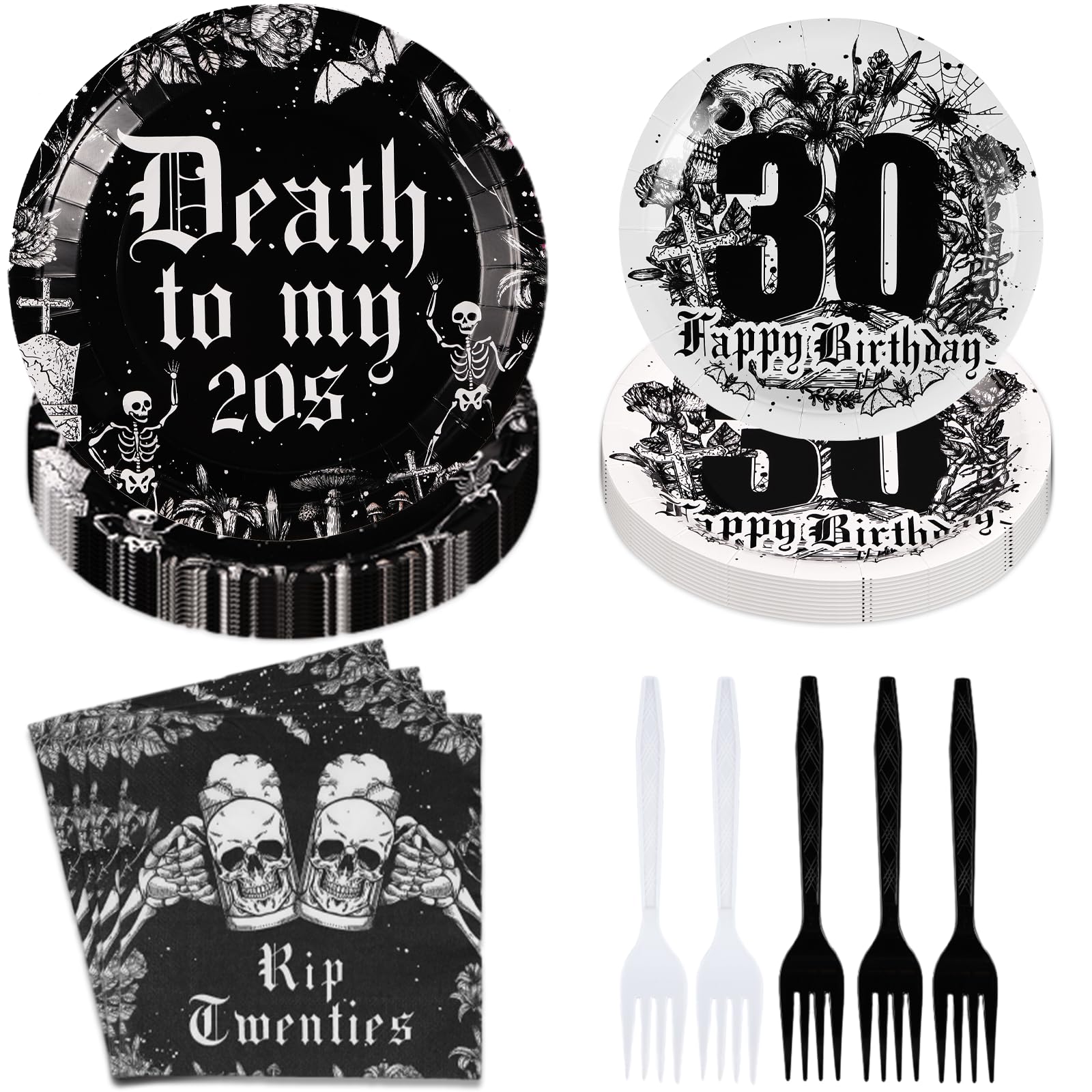96Pcs 30Th Birthday Party Supplies Death To My 20S Plates Napkins Forks Tableware Set Disposable 350Gsm Black Rip To My 20S Part