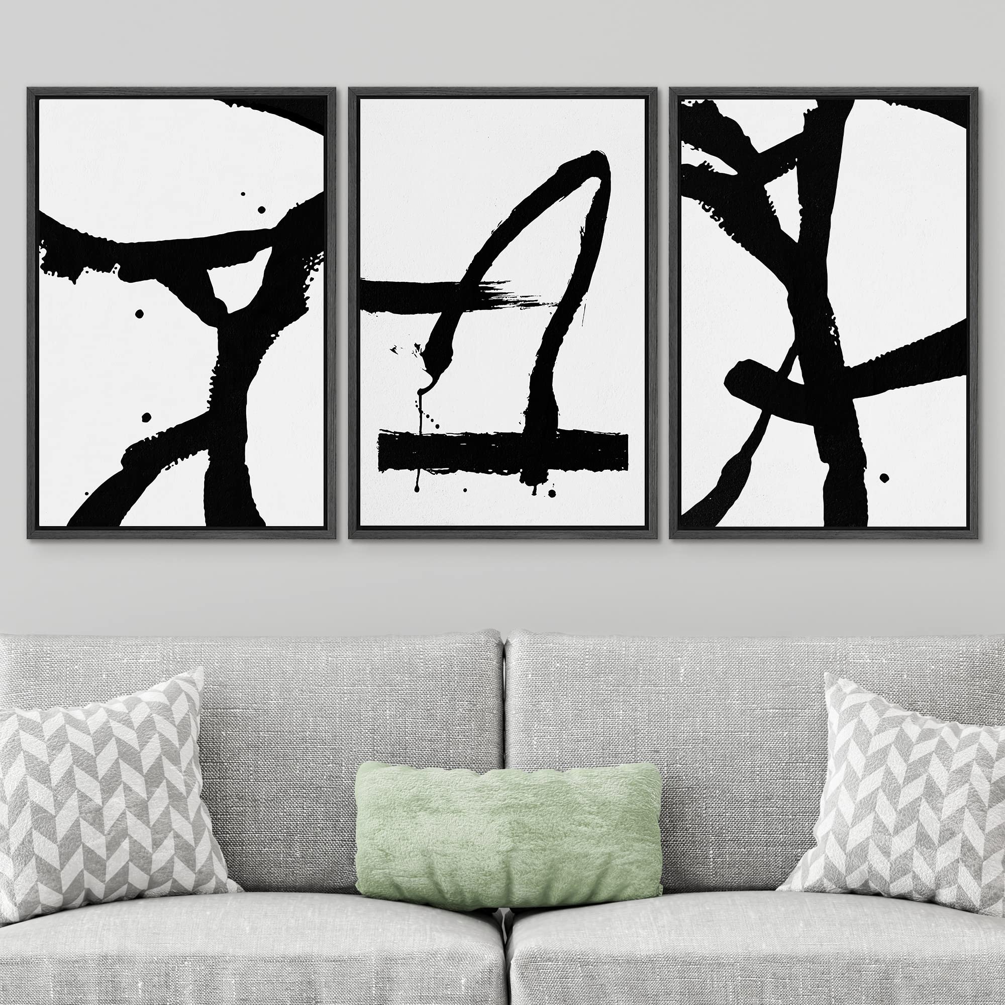 Signwin Framed Canvas Print Wall Art Trio Of Dark Paint Strokes Abstract Shapes Illustrations Modern Art Industrial Dramatic Bla