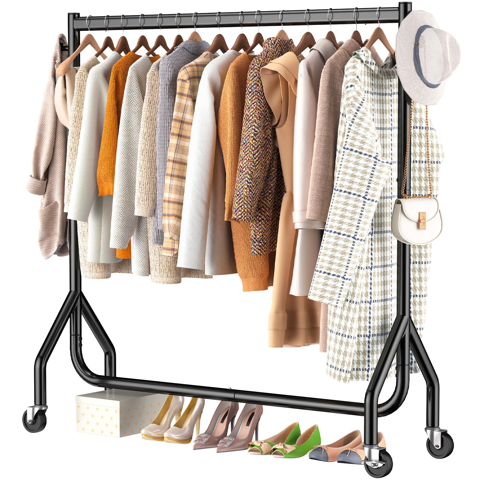 Hyseyy Clothes Clothing Rack, Rolling Heavy Duty Clothes Rack Load 420 Lbs With Wheels, Metal Clothes Rack For Hanging Clothes,