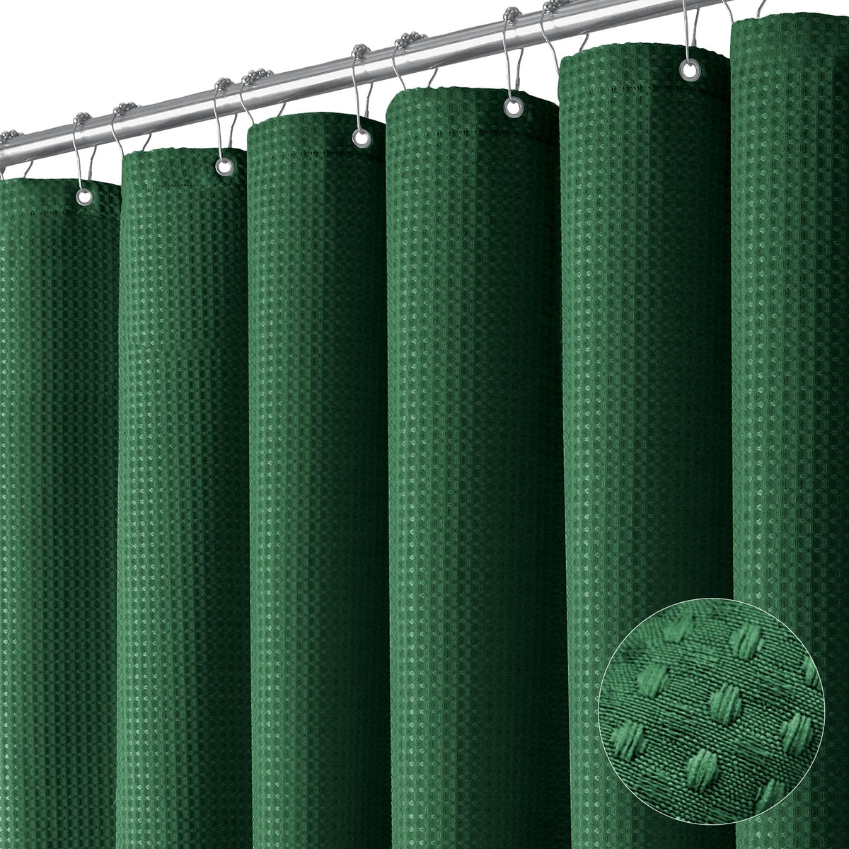 Dynamene Dark Green Fabric Shower Curtain - Waffle Weave Textured Heavy Duty Cloth Shower Curtains For Bathroom, 256Gsm Hotel Lu