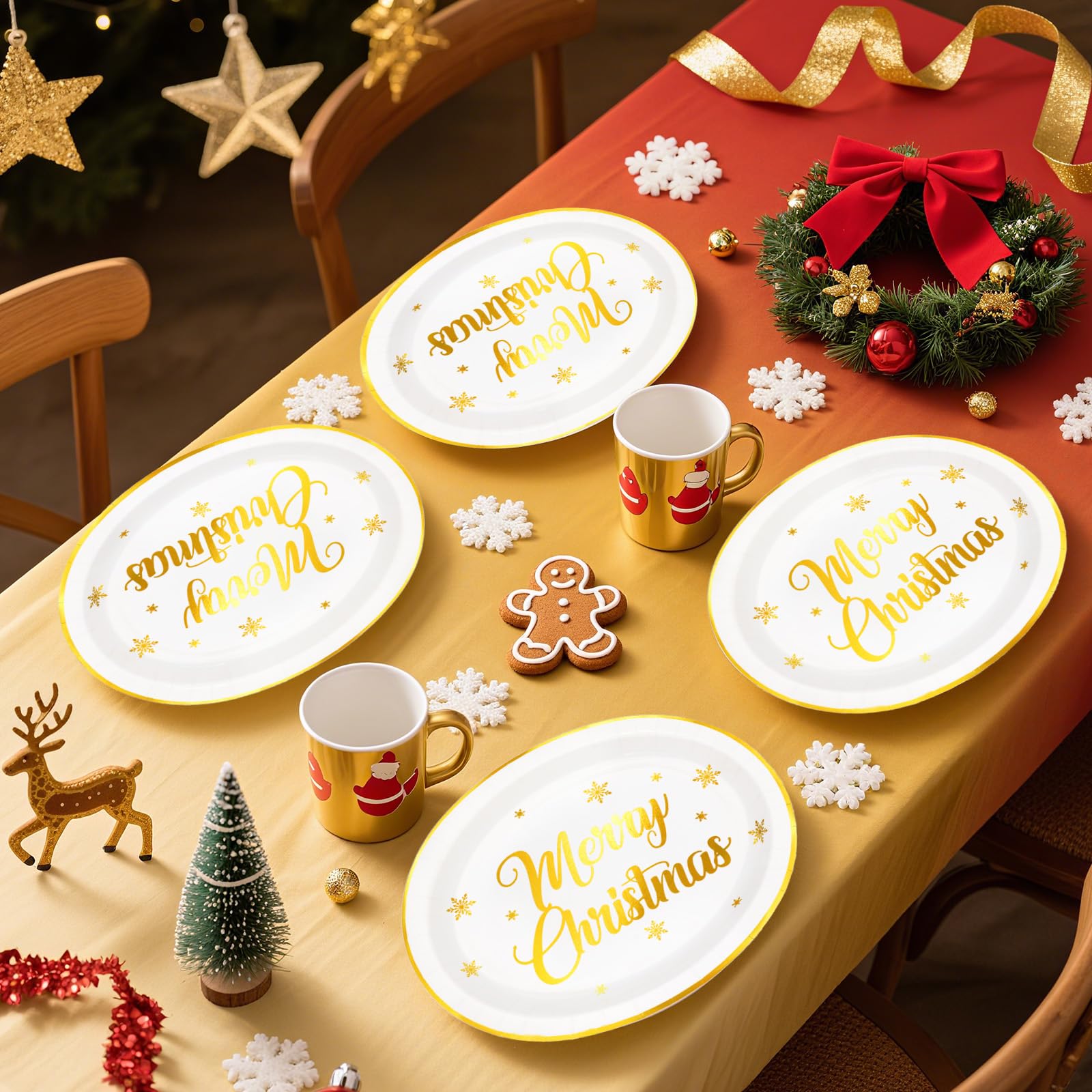 Grencian 50Pcs Gold Foil Oval Paper Plates, 10"x12", Heavy Duty Disposable Dessert Platters for Christmas & Winter Parties
