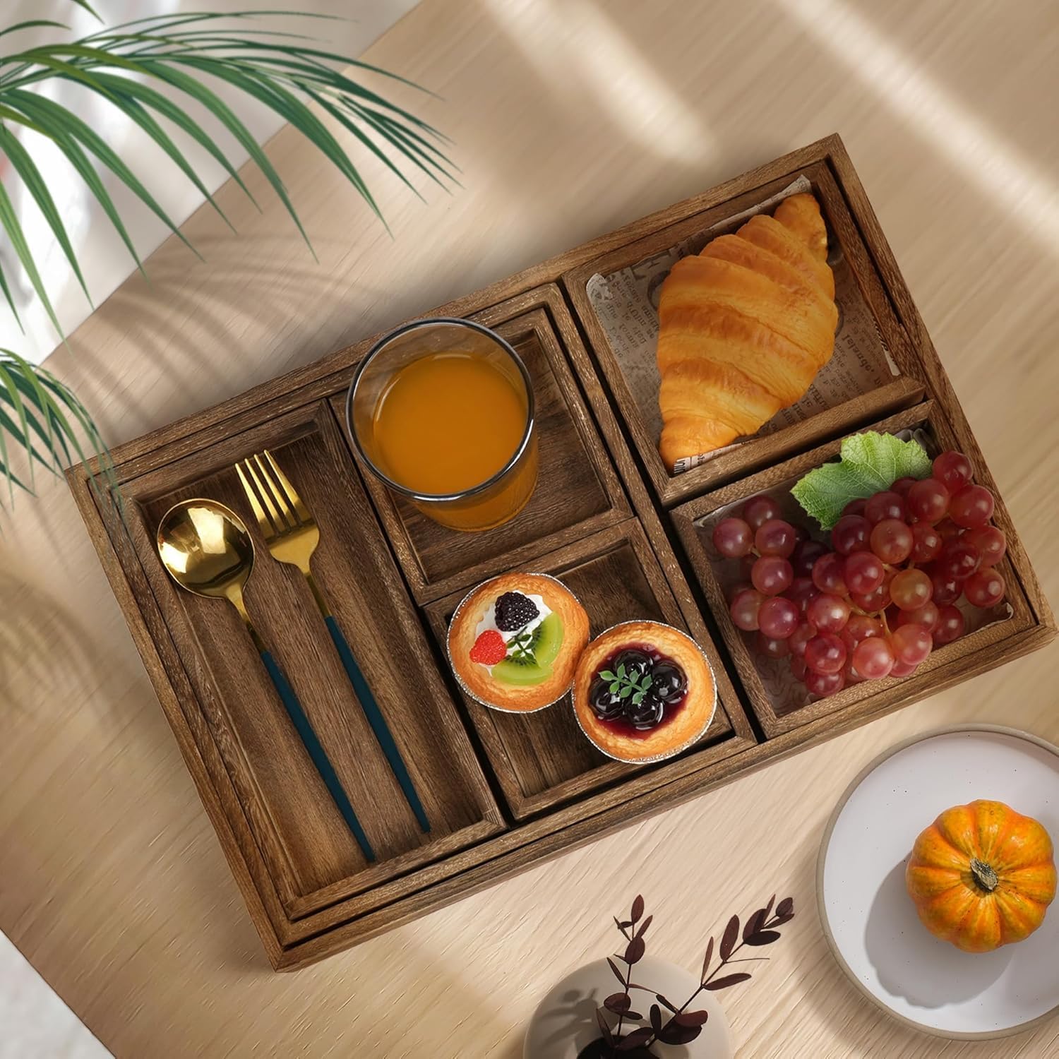 Treeedge Arts Wooden Serving Trays, 7 Piece Set, Rustic Nesting Food Trays With Handles, Decorative Rectangular Platter For Otto