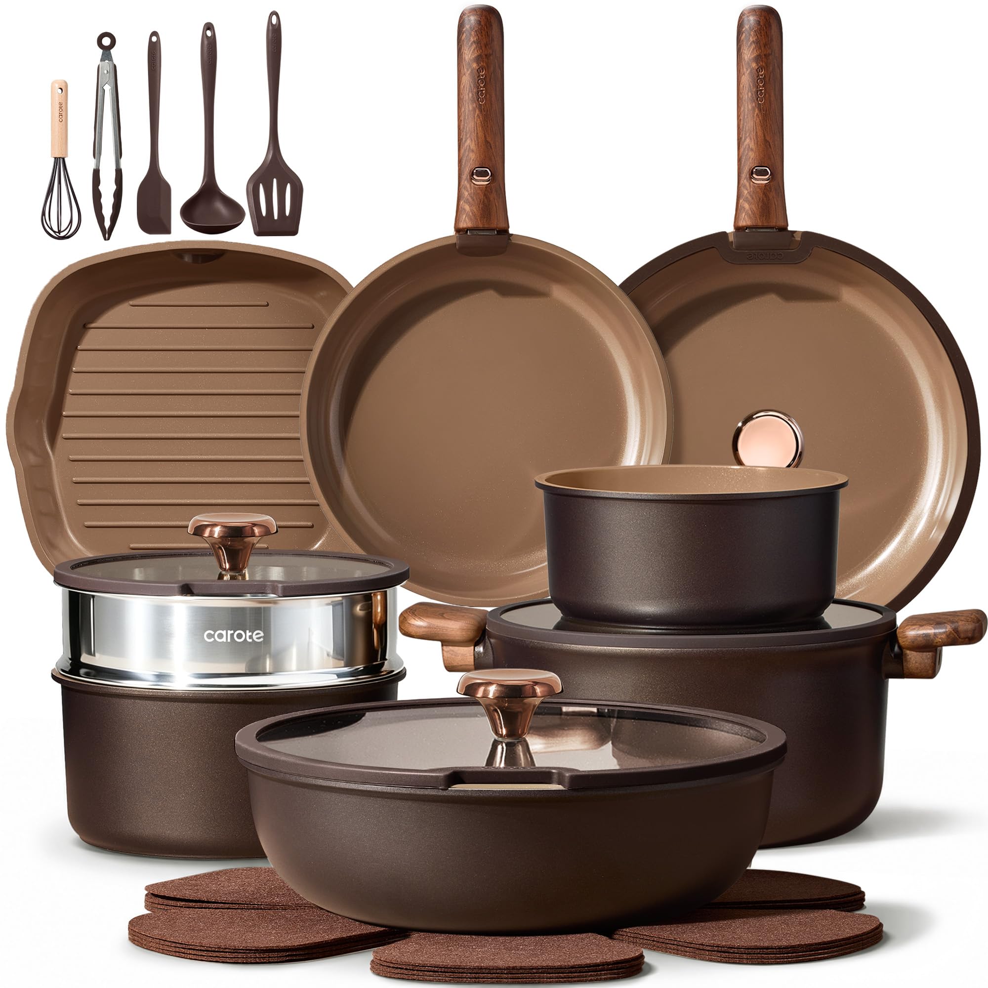 CAROTE 24Pcs Ceramic Cookware Set with Detachable Handle, NonToxic Pots and Pans Set Nonstick, Dishwasher/Oven Safe Non Stick P