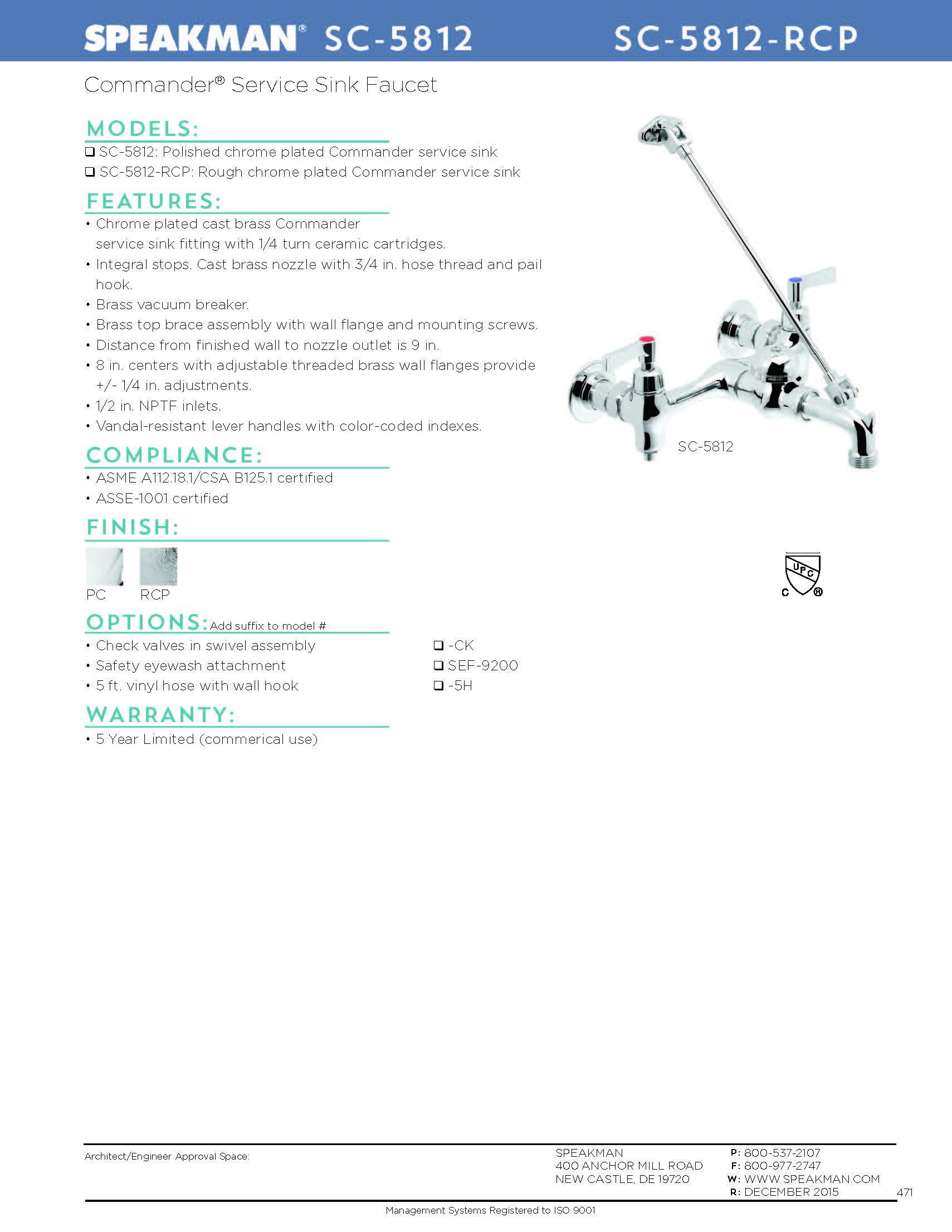 Speakman Sc-5812-Rcp Commander Service, Rough Chrome-Plated Utility Sink Faucet