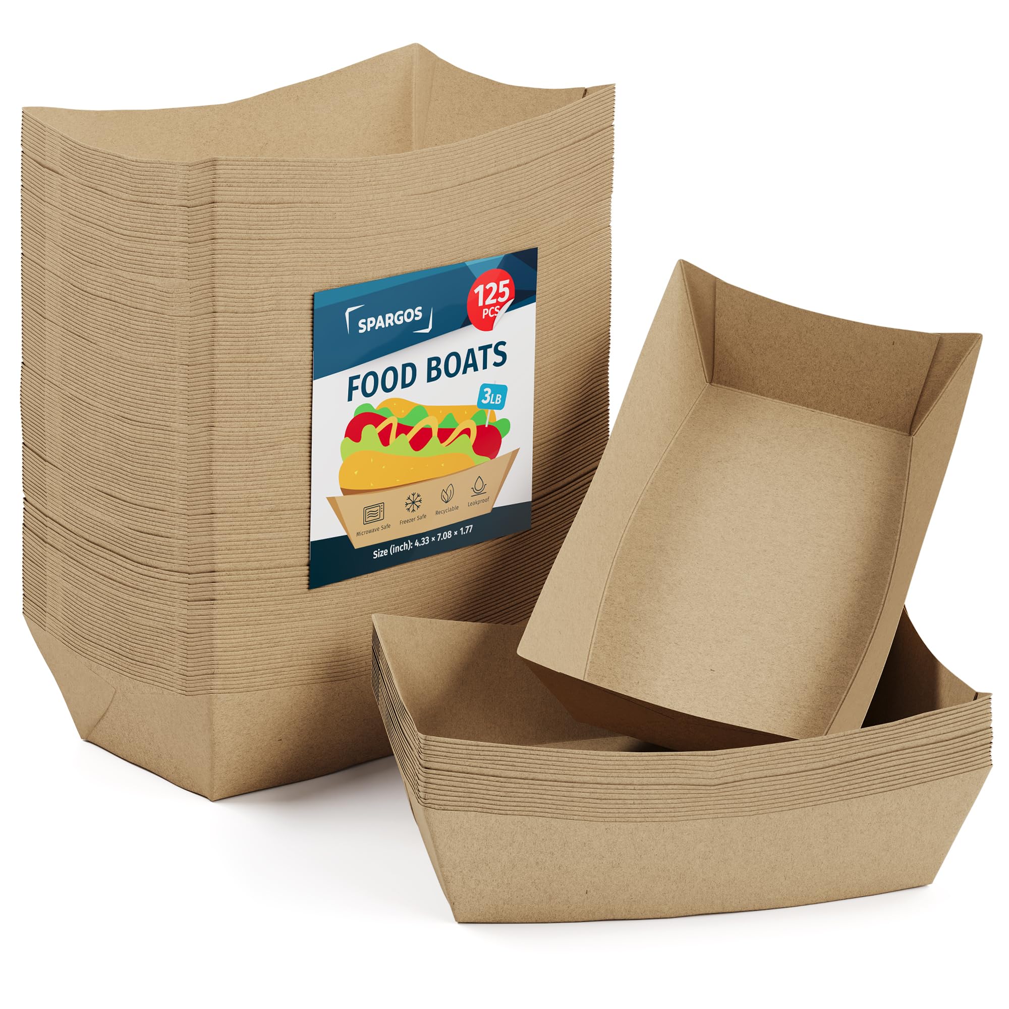 SPARGOS Food Boats (125 Pack) 3LB Brown - Paper Food Trays Leakproof & Freezer Safe - Cardboard Nacho Trays Disposable for Conce