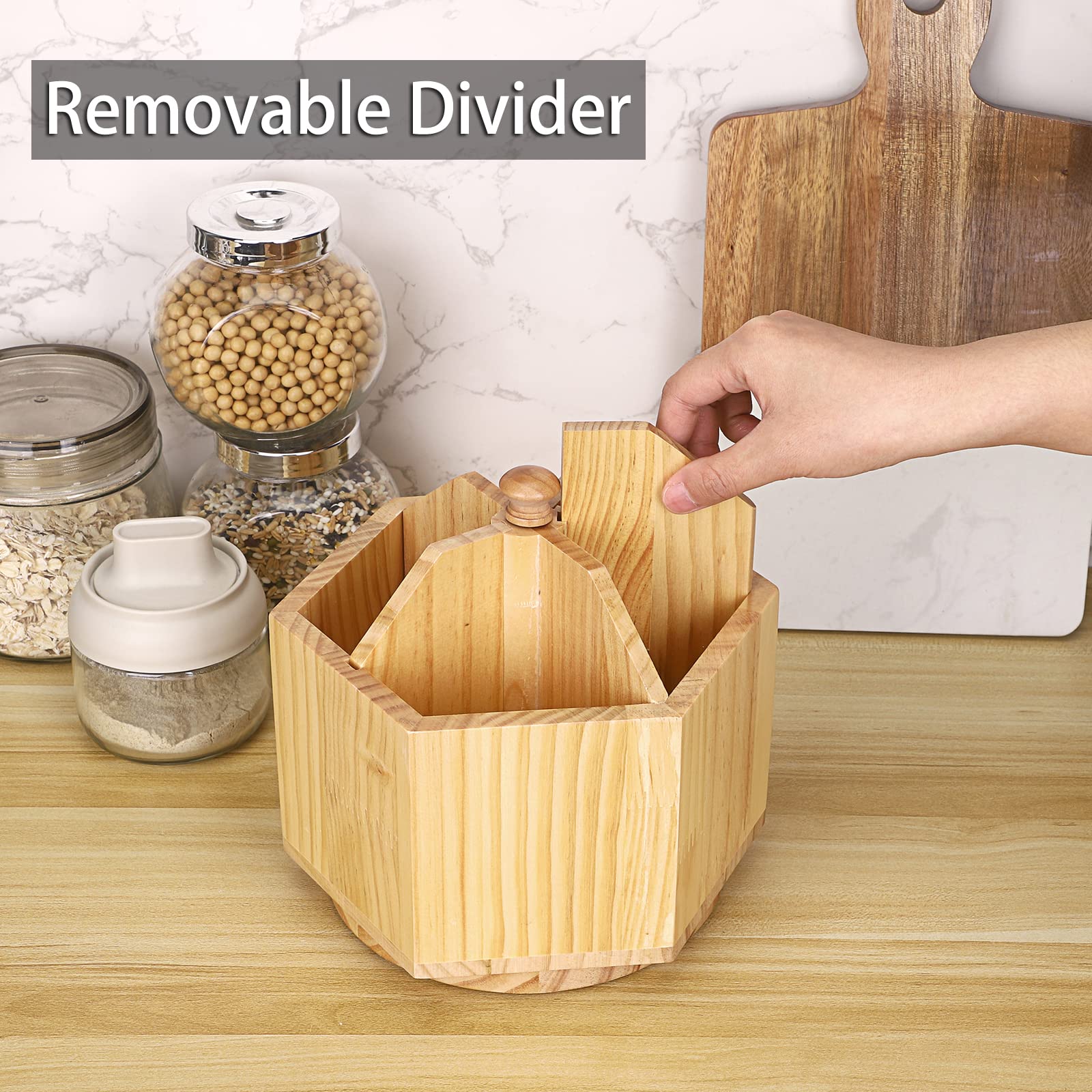 Juxyes Rotating Utensil Holder For Kitchen Countertop, Wood Utensil Organizer With Removable Divider, Rotatable Flatware Caddy C
