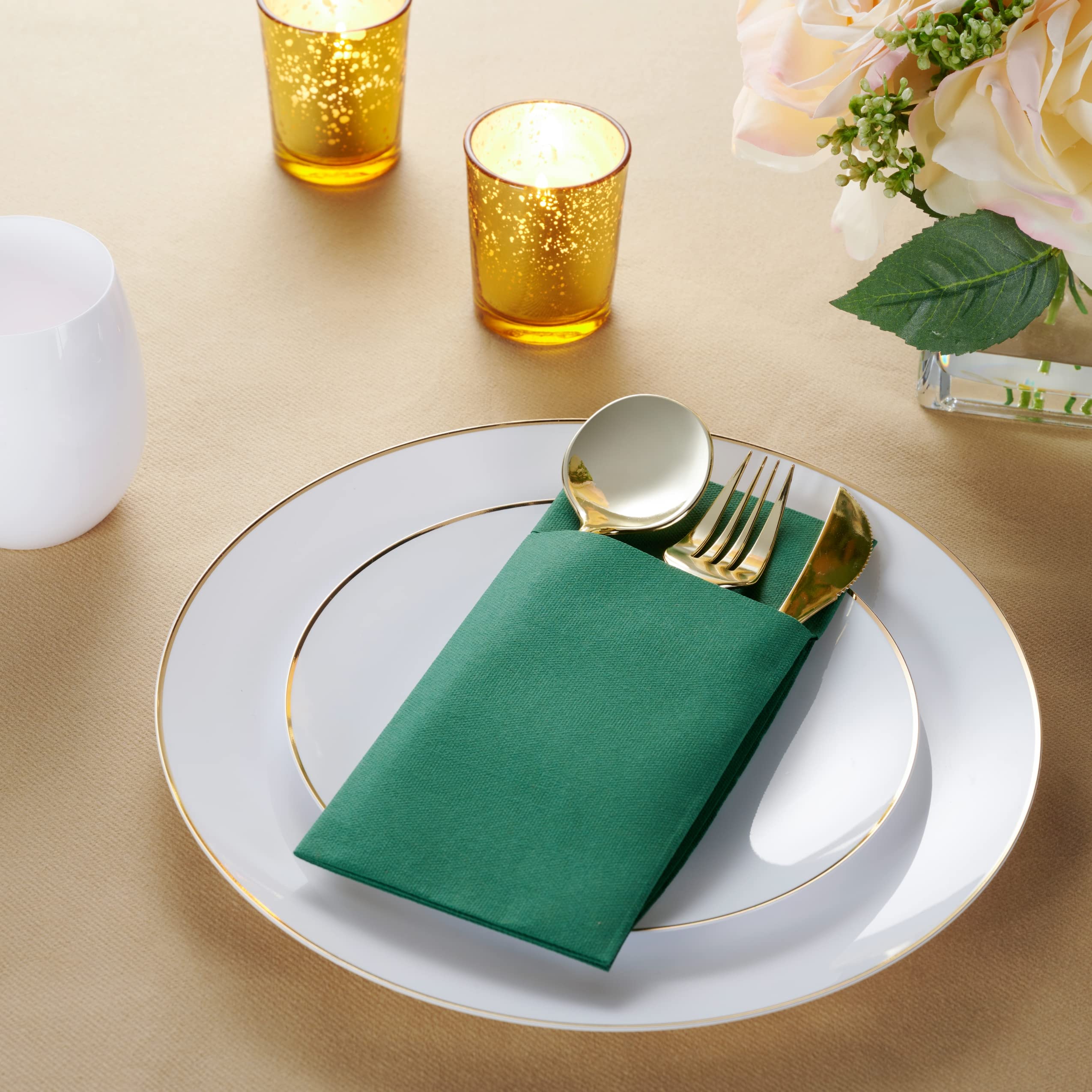 Disposable Linen-Feel Dinner Napkins with Built-in Flatware Pocket  50-Pack GREEN Prefolded Cloth Like Paper Napkins For Dinner  Wedding Or Party [Silverware NOT Included]