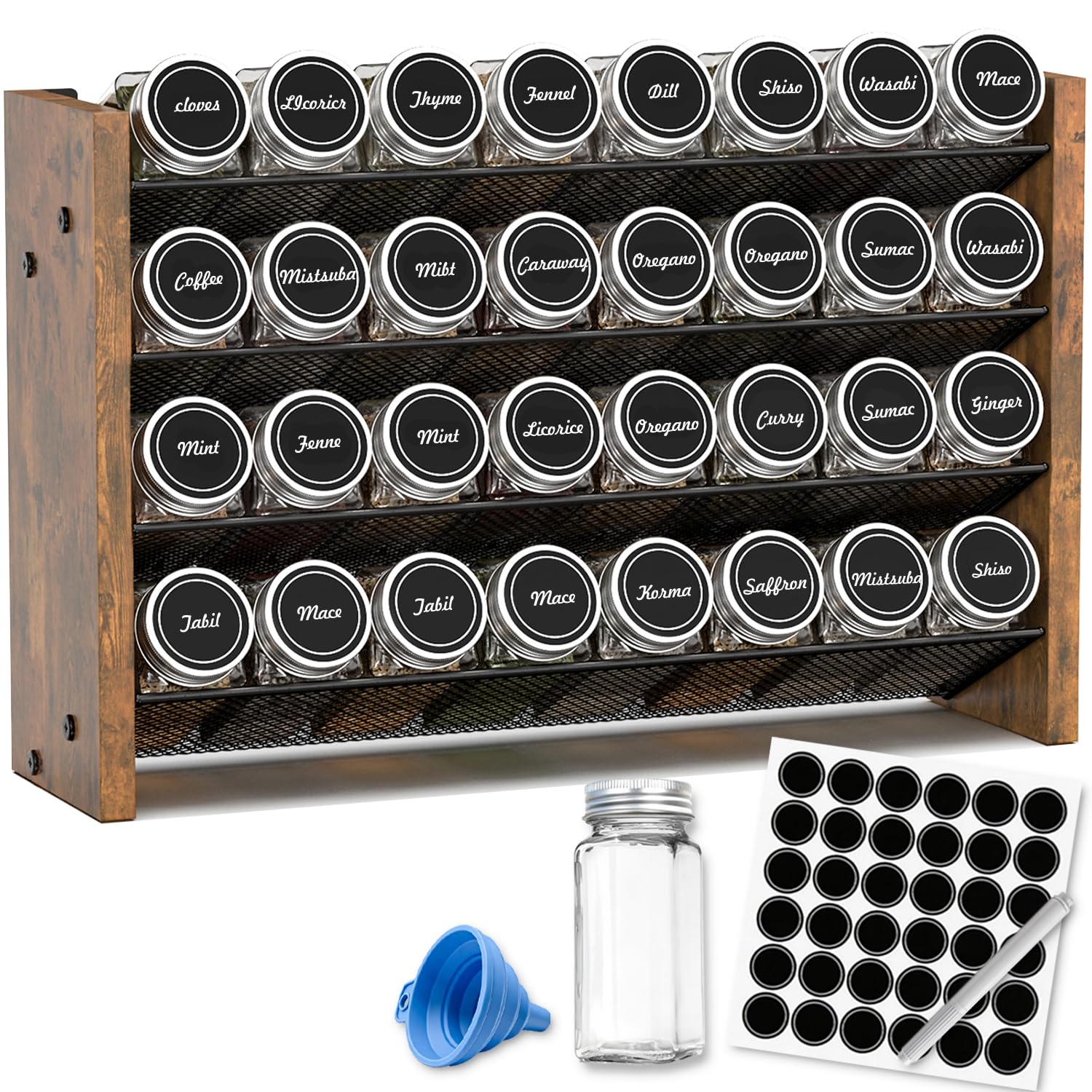 NESAPTO Spice Rack Organizer with 32 Glass Spice Jars, Wood 4-Tier Seasoning Organizer with Labels for Cabinet, Pantry, Countert