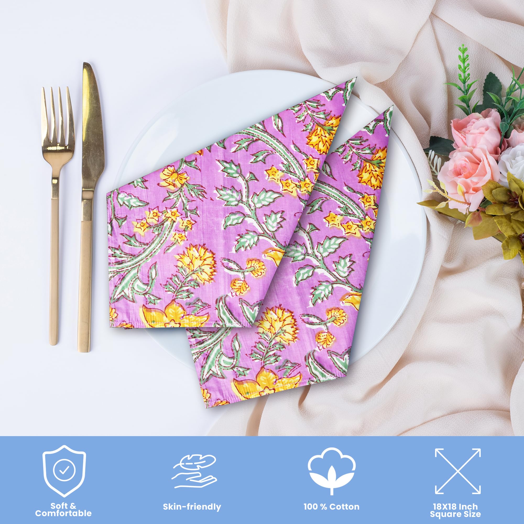 Cloth Napkins Set Of 10 Hand Block Print 100% Cotton Washable Absorbent Handkerchiefs For Dinner Parties, Weddings, Christmas, T