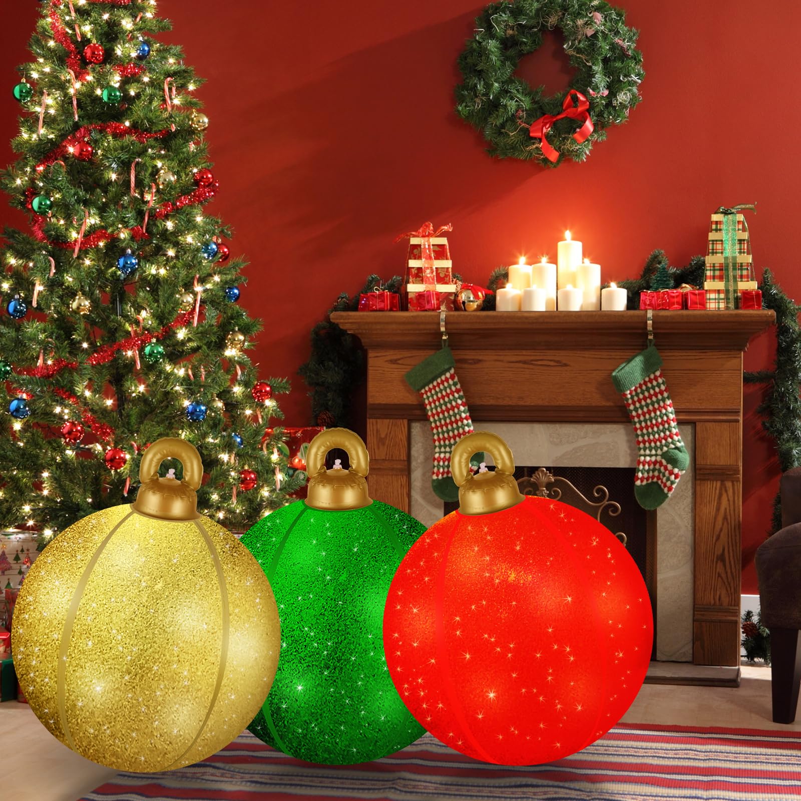 24 Inch Inflatable Christmas Ornament Balls, 3 Pack Large Glitter Blow Up Decorations - Sparkling Reusable Outdoor & Indoor Holi