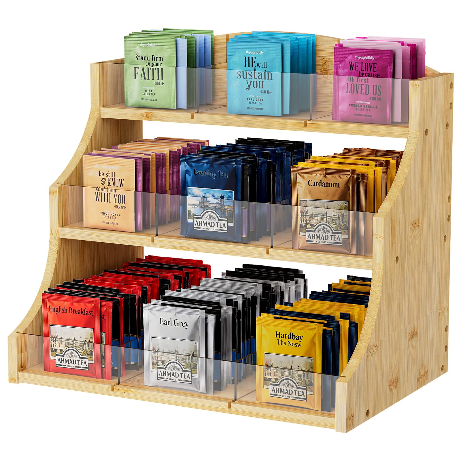 3 Layer Bamboo Tea Bag Organizer, Tea Chests with Acrylic Removable Divider, Tea Holder for Countertop Office Kitchen, Natural W