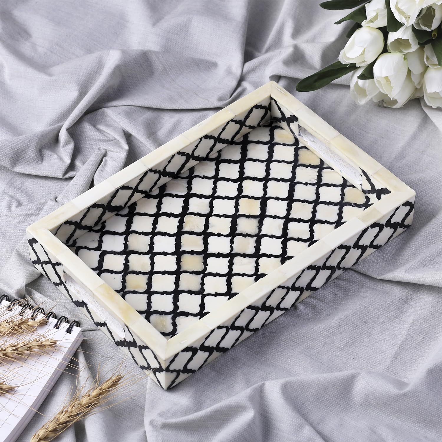 Handicrafts Home Moroccan Pattern Inspired Decorative Trays 12X8 - Chic Black & White Centerpiece, Versatile Ottoman Tray For Mo