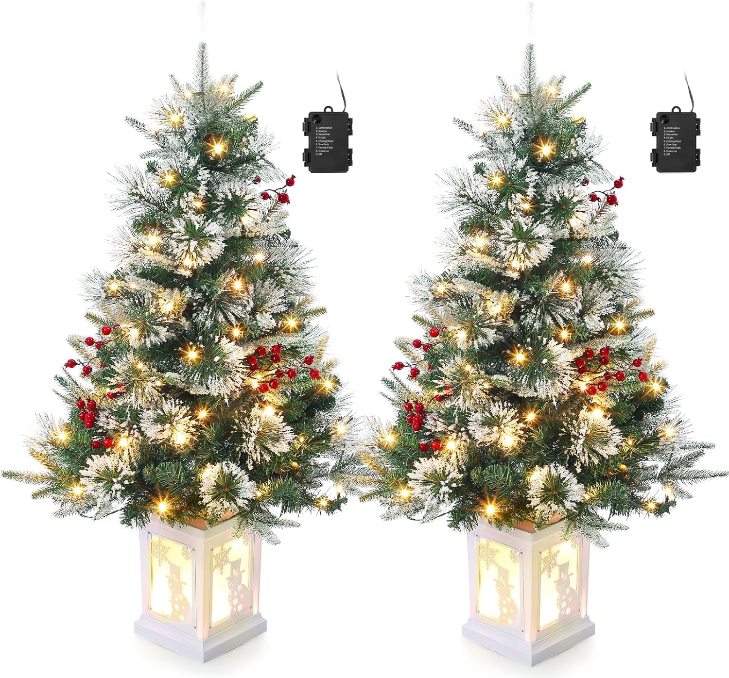 3ft Christmas Tree Pre-Lit Artificial Christmas Tree with Vintage Potted Base, Flocked Snow 78 Warm White LED Lights 8 Lighting 
