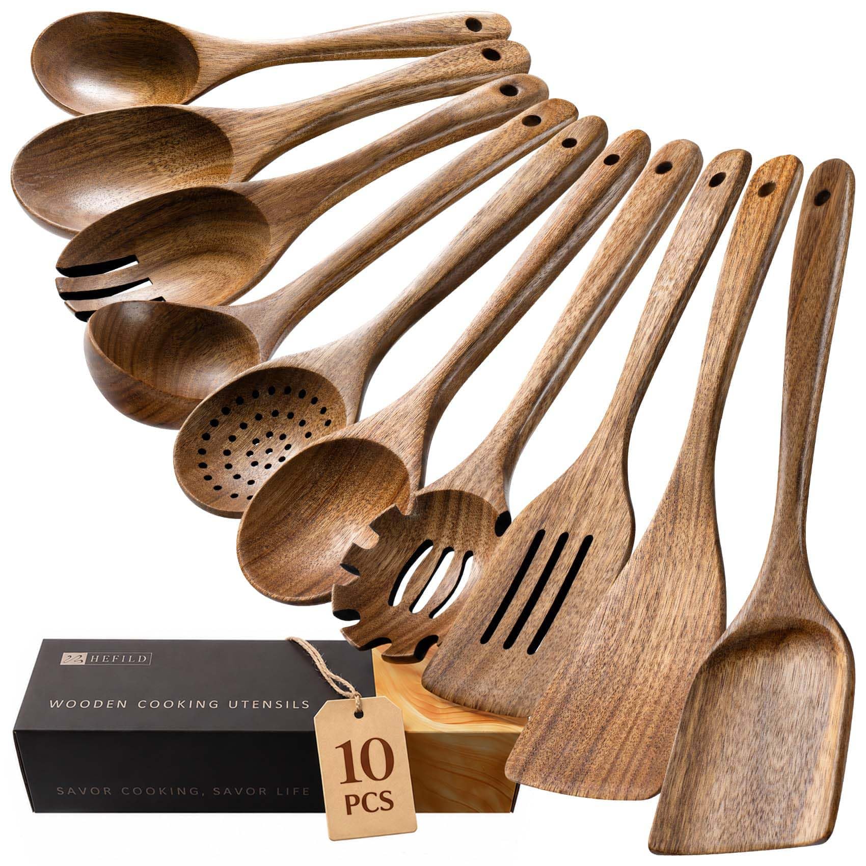 Hefild Wooden Spoons for Cooking, 10Piece Acacia Wood Cooking Utensil Set