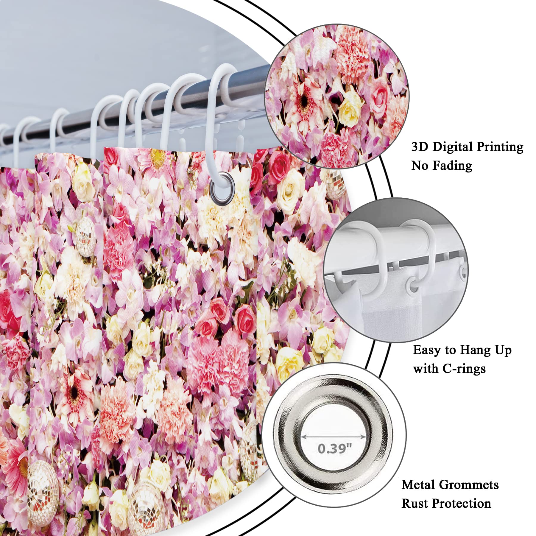 Riyidecor Pink Bridal Floral Shower Curtain for Bathroom 72Wx72H Inch Flower Rose Pattern Bath Set for Woman Girl Spring Nature Bathtub Accessories Fabric Panel Waterproof Plastic 12 Pack Hooks