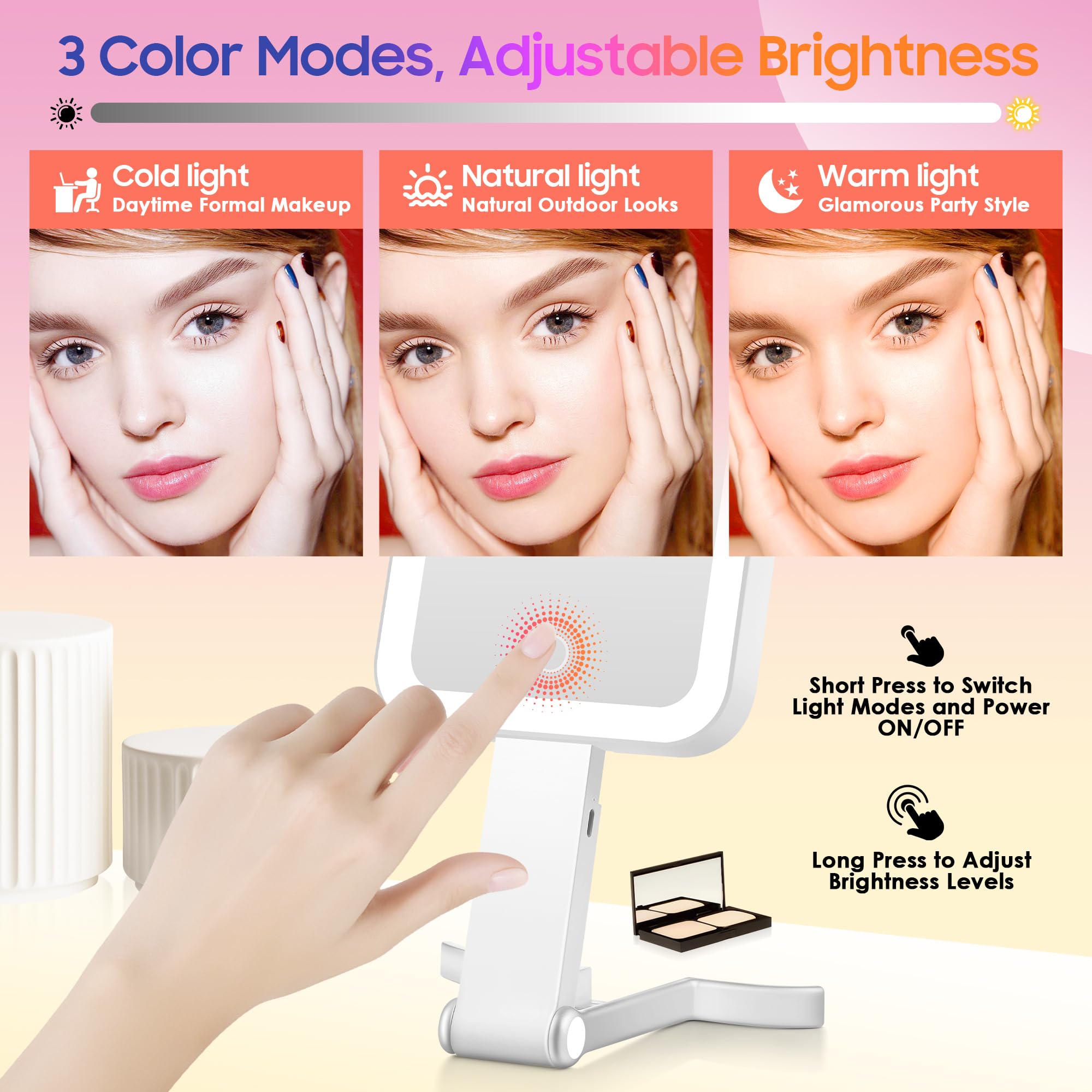 Gomipuru Magnifying Travel Mirror With Light, 30X/1X Double-Sided Magnifying Mirror With 3 Color Lights, Brightness Adjustable,