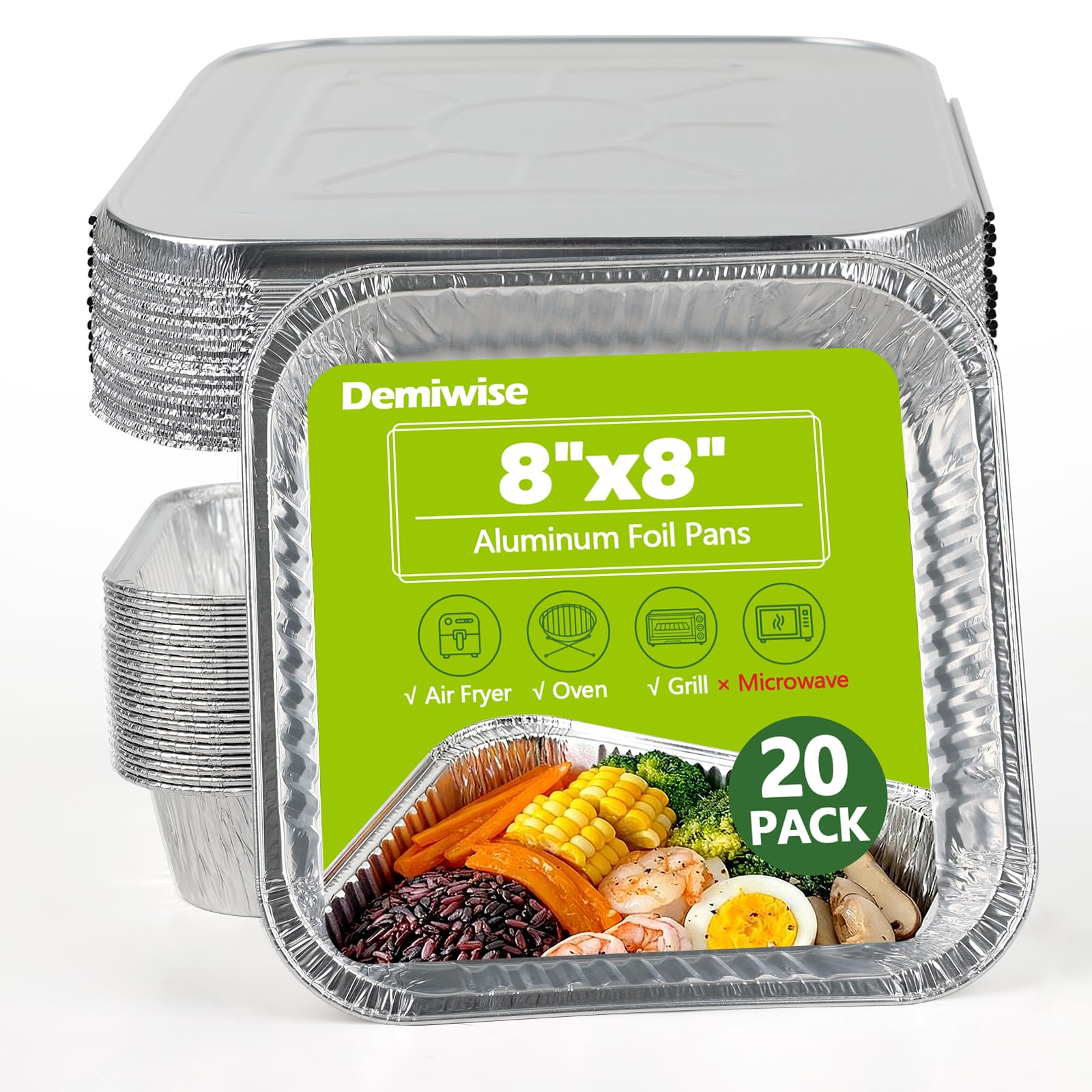 Demiwise Thickened 20 Pack Heavy Duty Aluminum Pans with Lids, 8x8 Square Disposable Aluminum Baking Pans, Small Foil Pans with 
