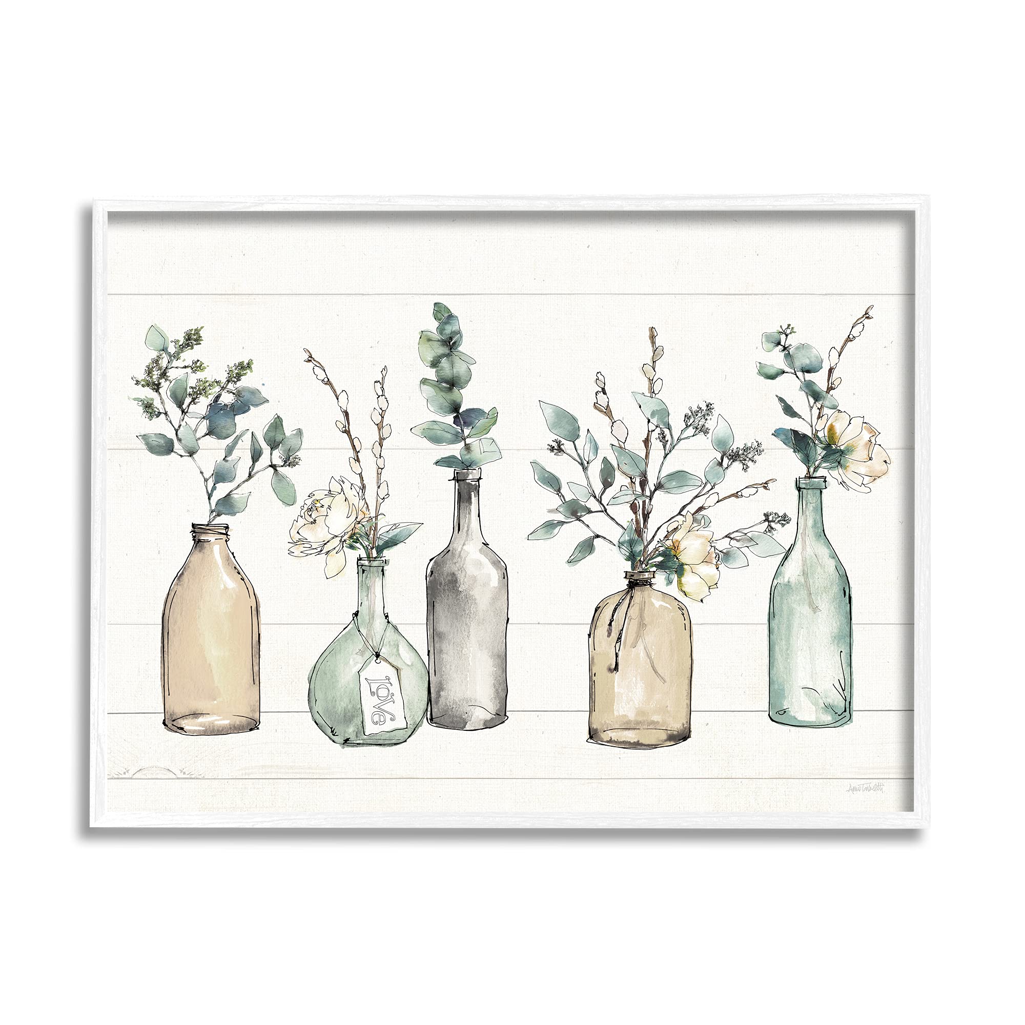 Stupell Industries Bottles And Plants Farm Wood Textured, Design By Anne Tavoletti Wall Art, 11 X 14, Multi-Color, White Framed