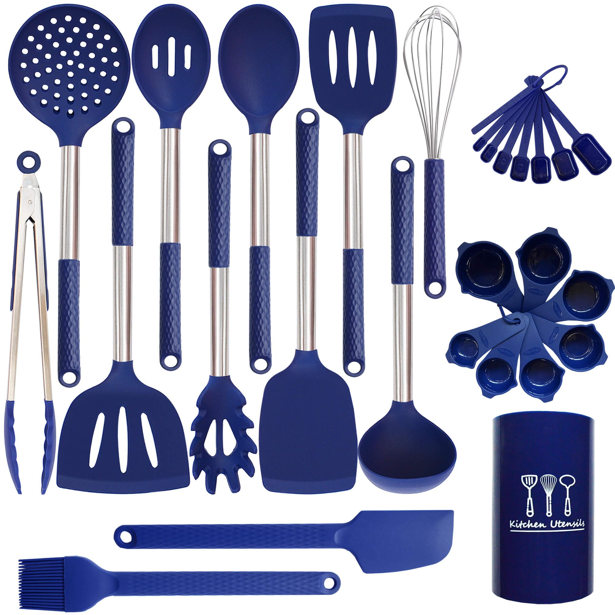 Silicone Kitchen Utensils Set - 28 Pieces Cooking Utensils Set Non-Stick Heat Resistance Silicon With Stainless Steel Handle - R