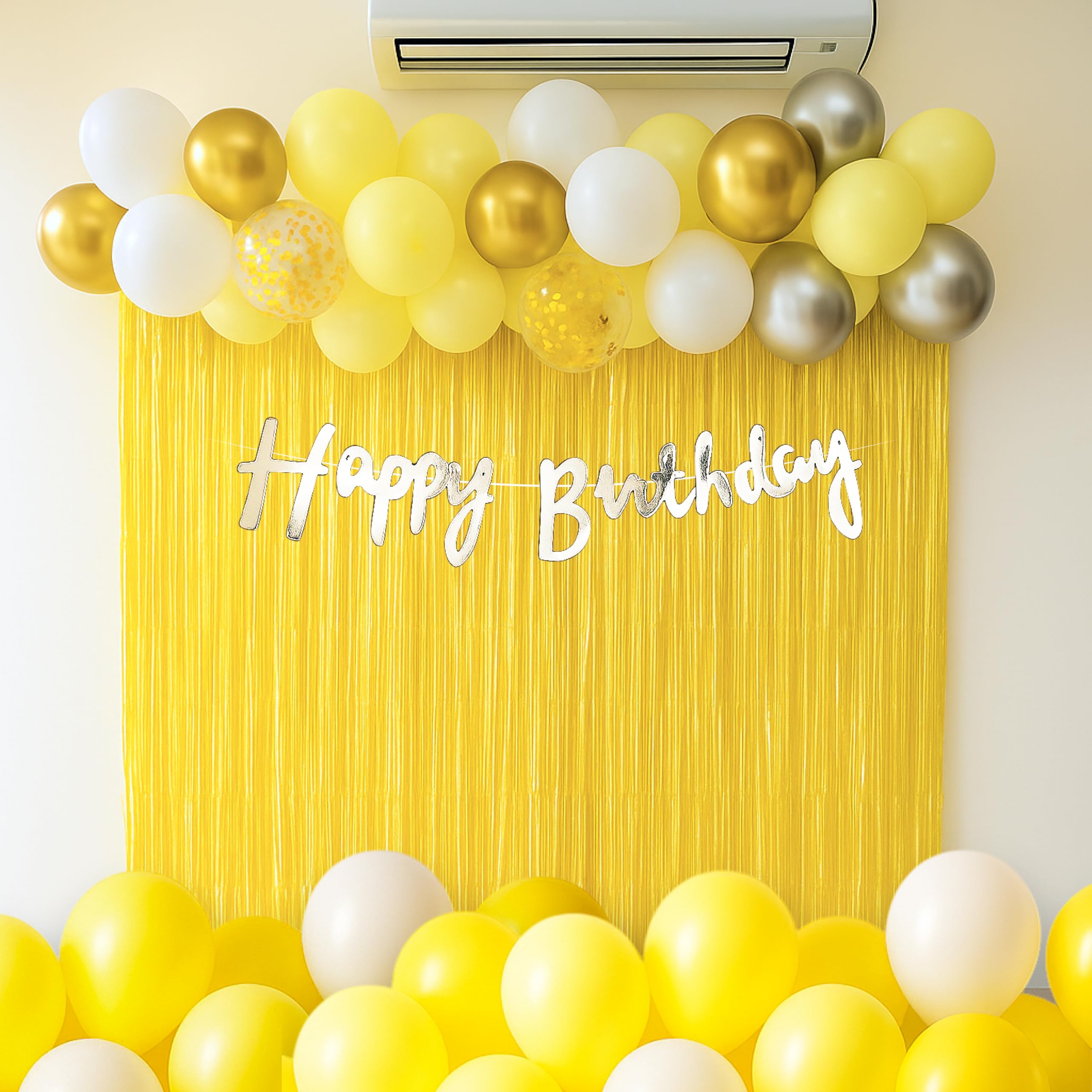 The FOMO Factory Pastel Yellow Golden Birthday Decoration Kit | White, Gold, Silver, Yellow Balloon Arch Kit + Foil Curtains + H