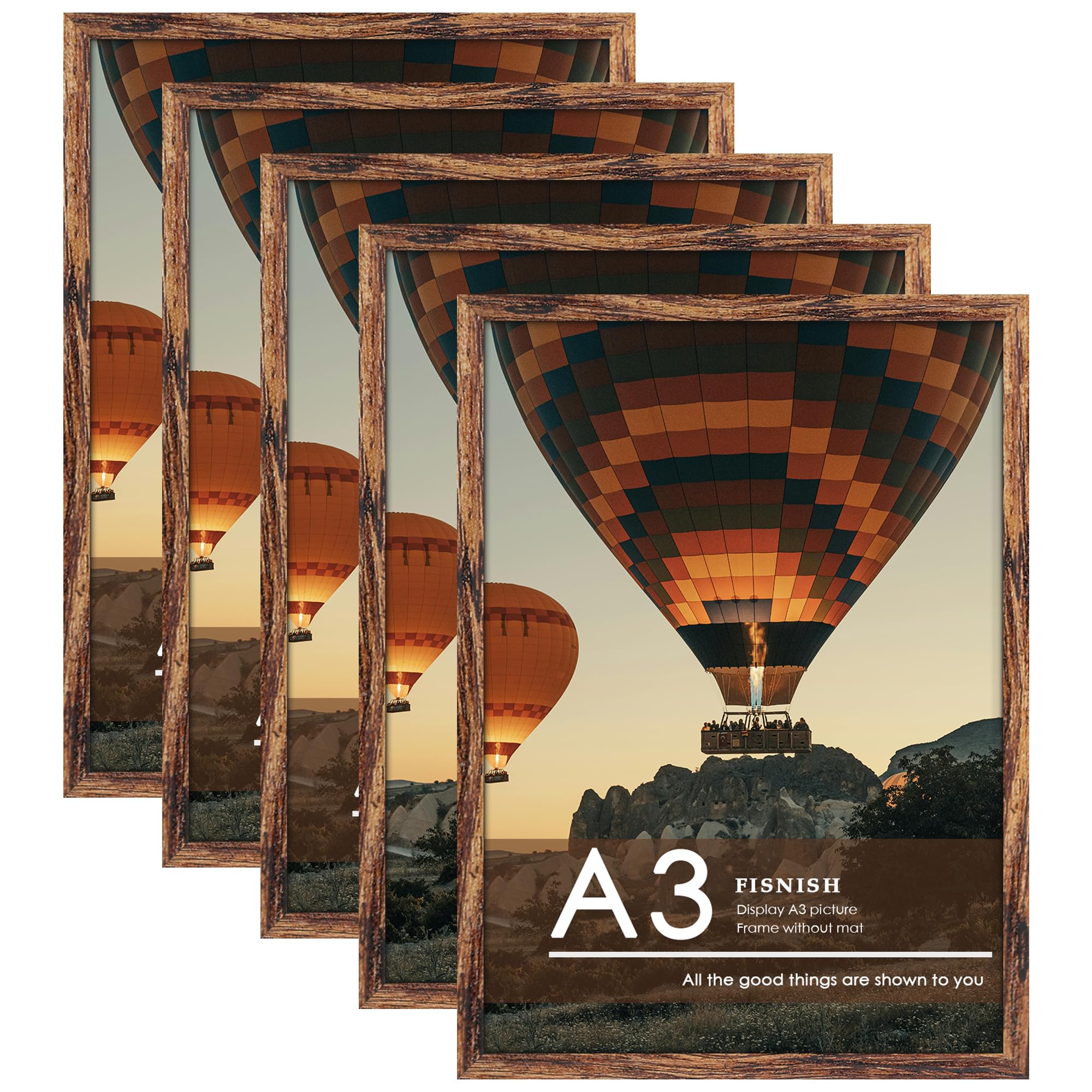 Fisnish A3 Picture Frame 5 Pack, Classic Brown 11.7x16.5 Poster Frame for Horizontal or Vertical Wall Mounting