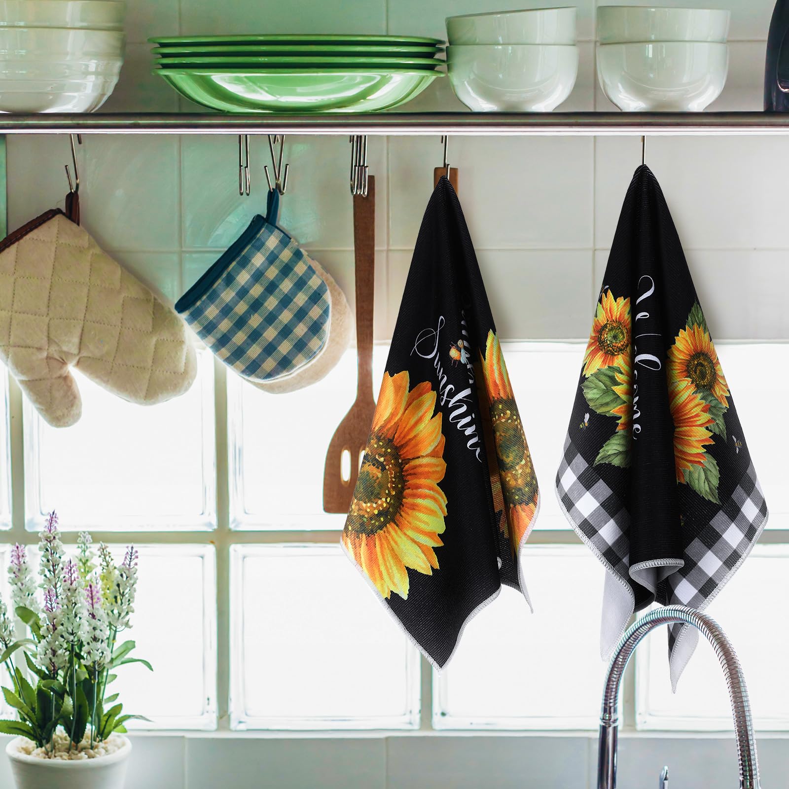Bencailor 4 Pcs Sunflower Kitchen Towels Black and White Buffalo Plaid Flower Floral Hand Dish Towels Fast Drying Absorbent Hous