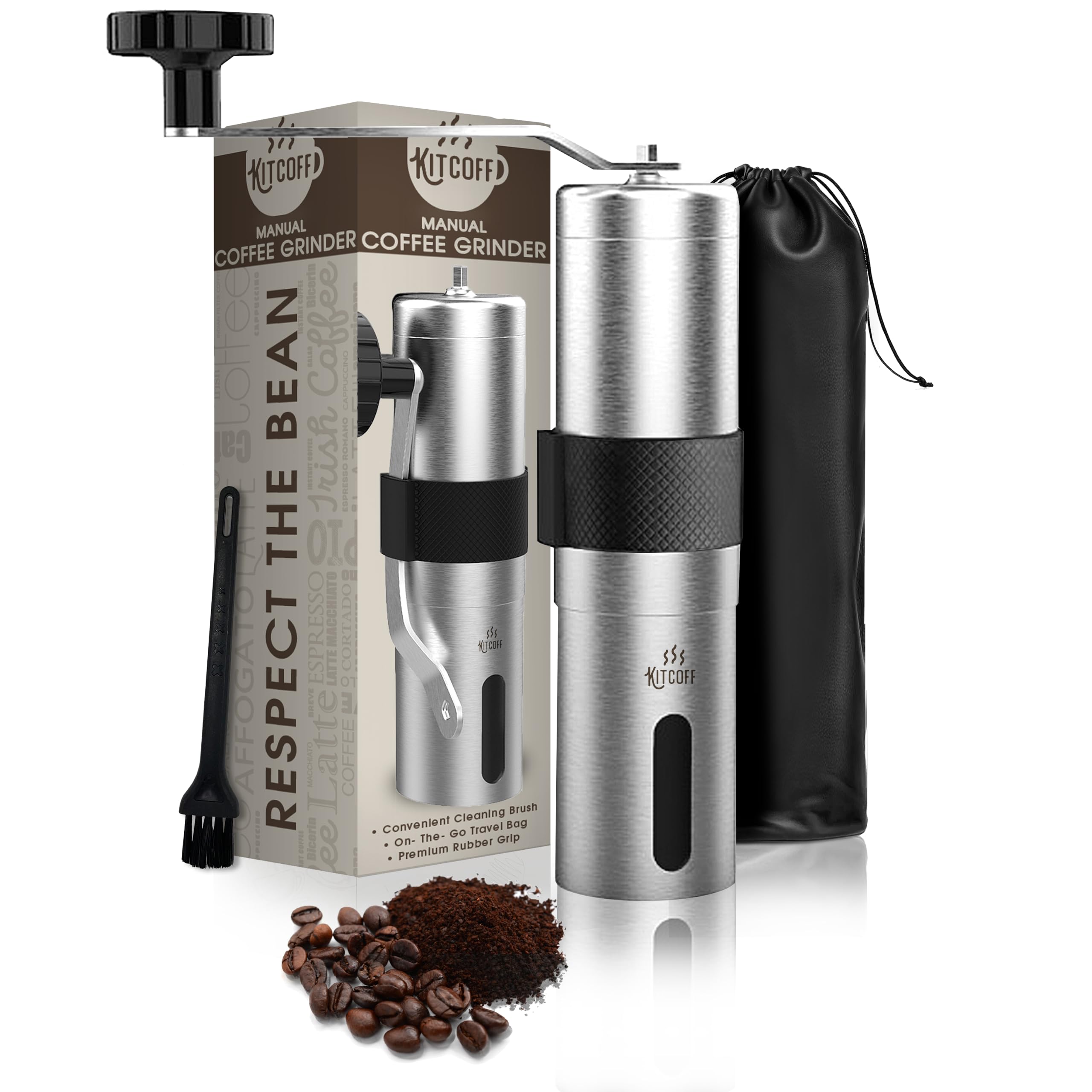 Kitcoff Manual Coffee Grinder - Hand Beans Mill With 18-Click Settings, Stainless Steel Body With Ceramic Burr & Ergonomic Grip,