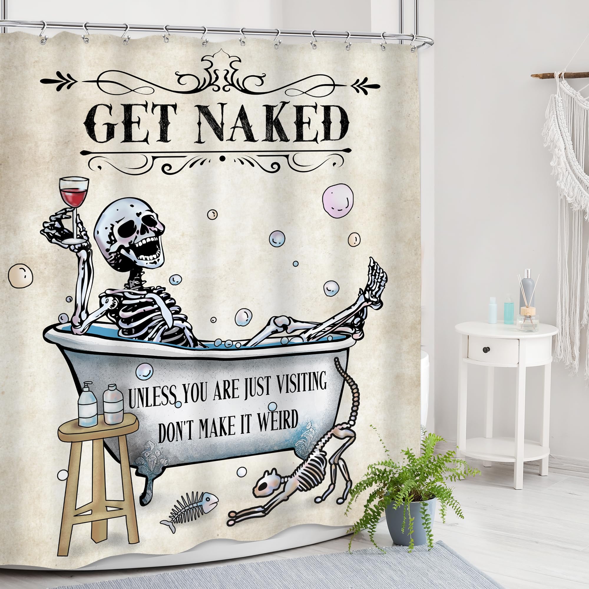 Mitpok Funny Skull Skeleton Shower Curtain 60Wx72H Gothic Spooky Unique Cool Bone In Bathtub Bubbles Horror Halloween Cat Fish R