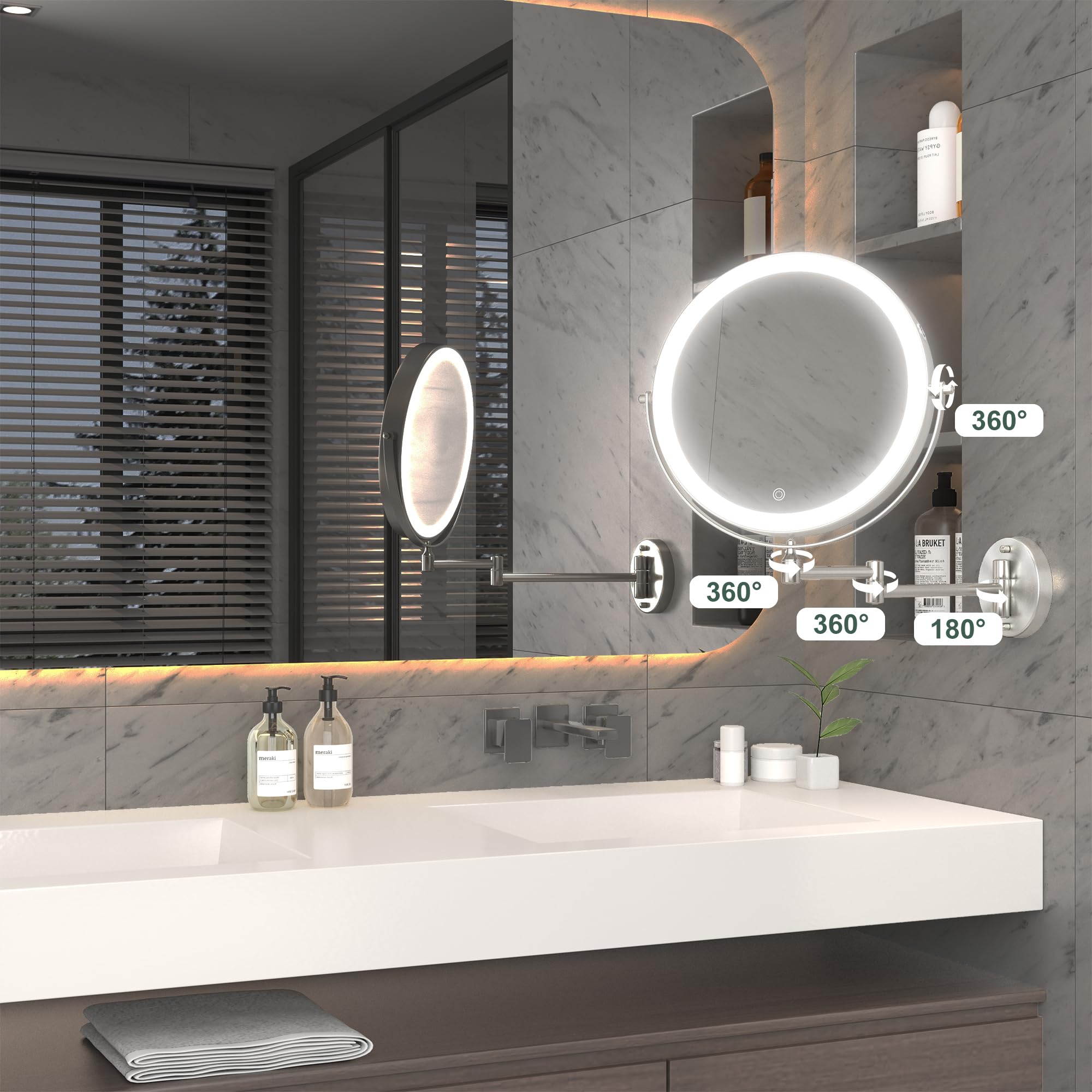 Hasipu 10-Inch Wall Mounted Makeup Mirror With Magnification, Rechargeable 3000 Mah Vanity Mirror With Lights, Bathroom Mirror W